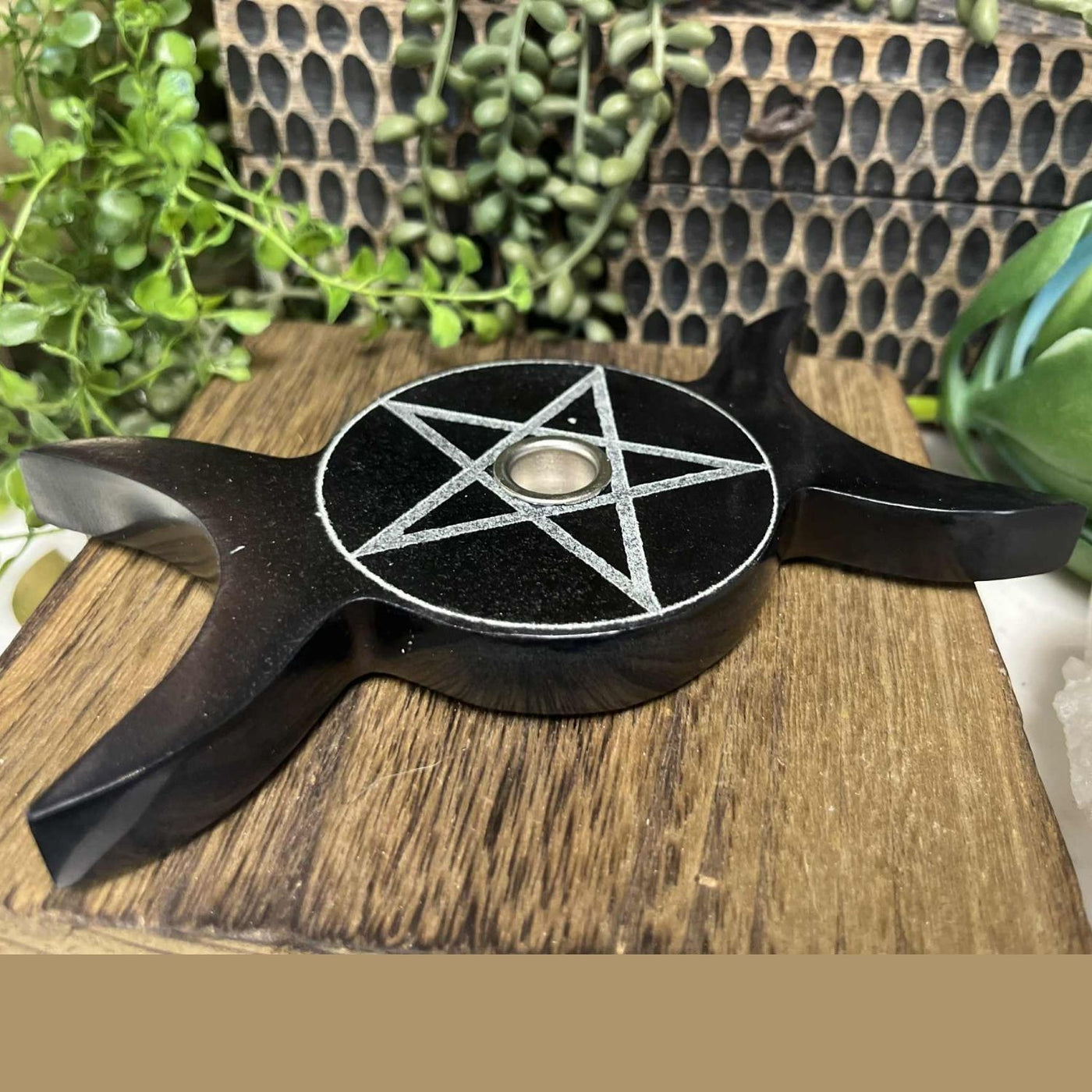 Candle Holder - Mini Candle Holder Black Soapstone Triple Moon & Pentacle 6″