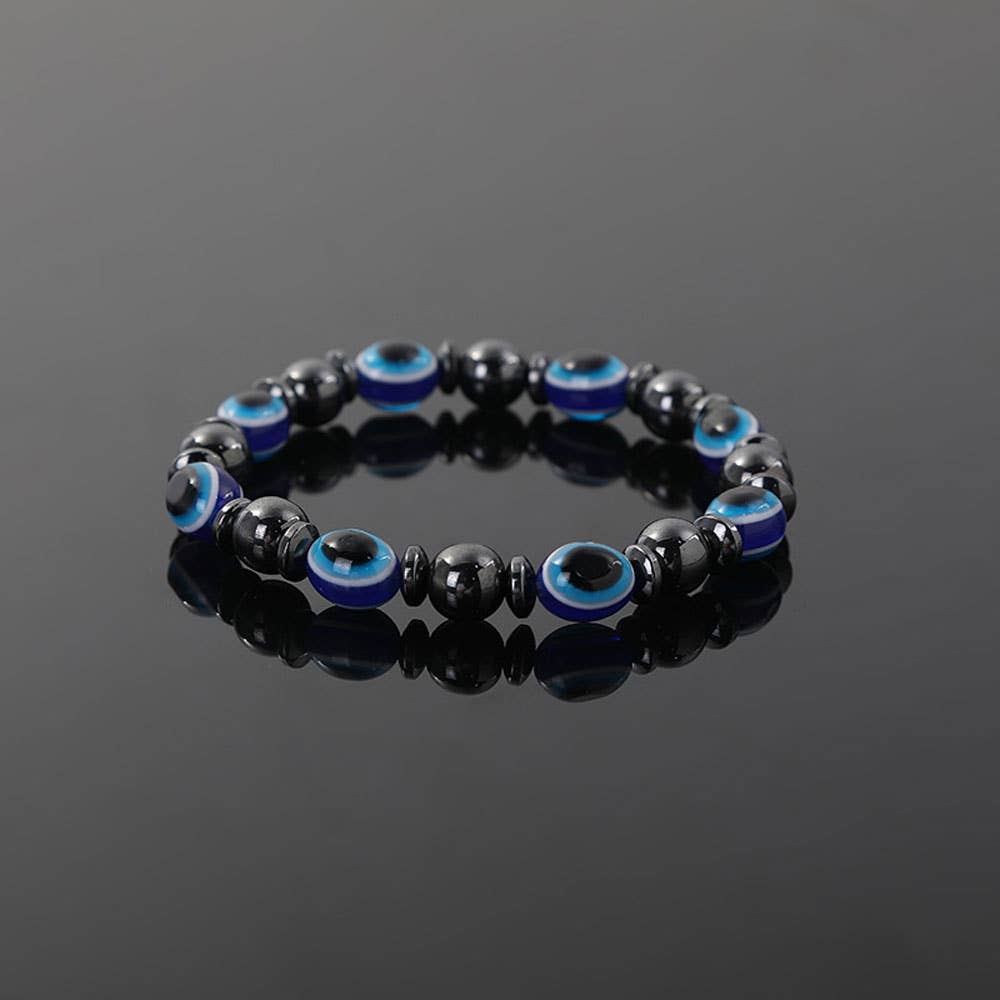 Evil Eye Bracelet Hematite with Acrylic Evil Eye Beads (Blue