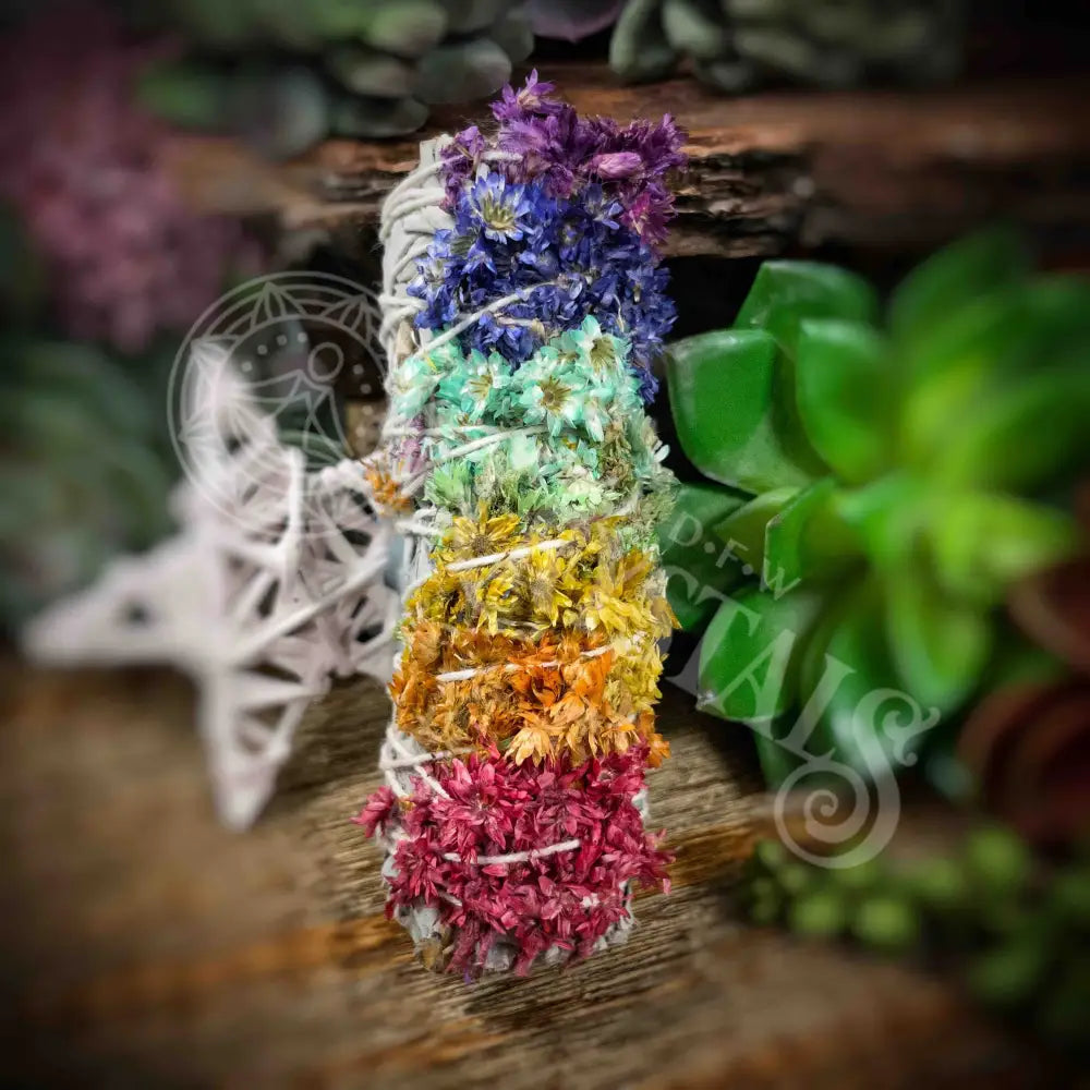 7 Chakra Mullein Flowers And Sage 4’ - California Meditation Self Care Smudge Stick