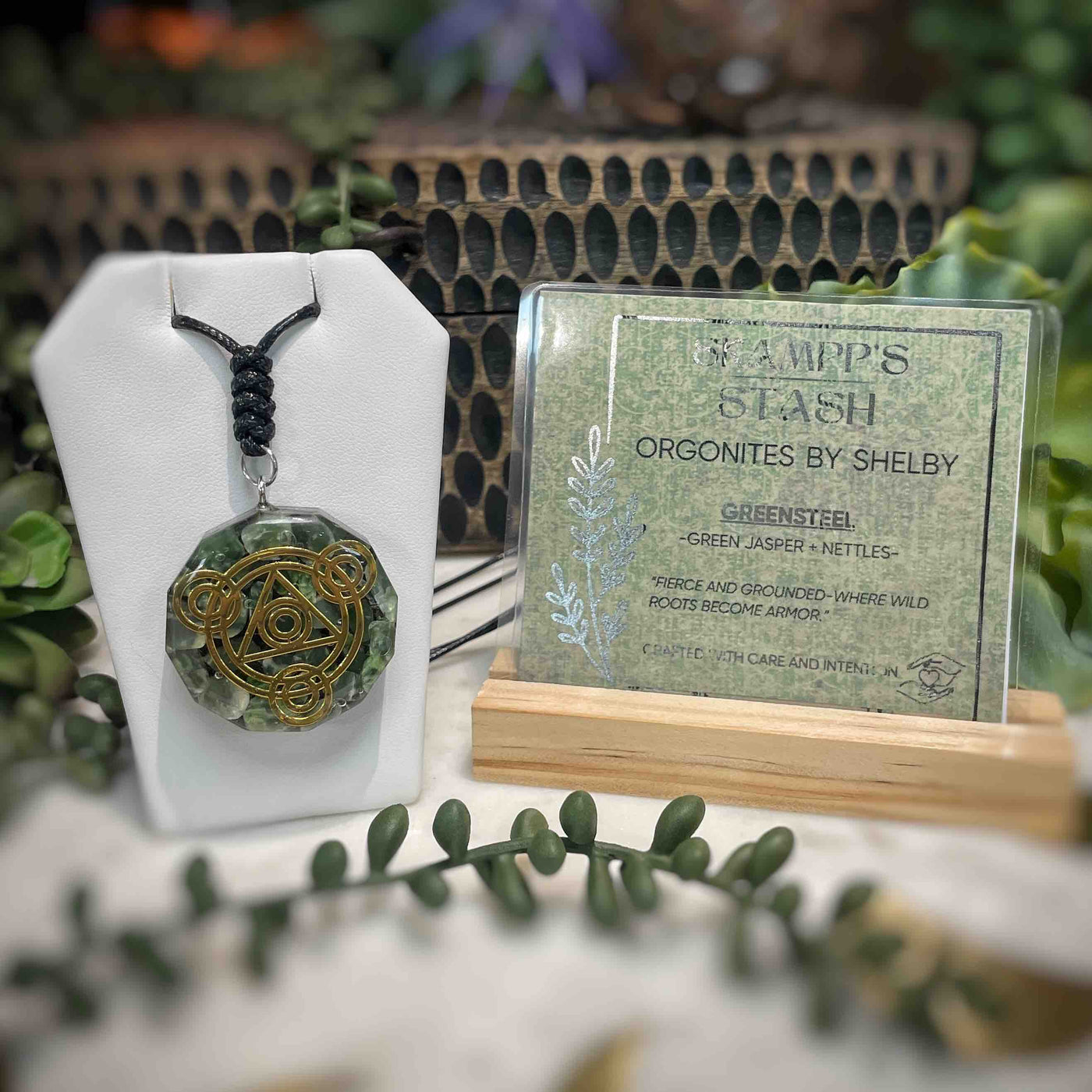 Orgonite Pendant - Green Jasper + Nettles - Greensteel
