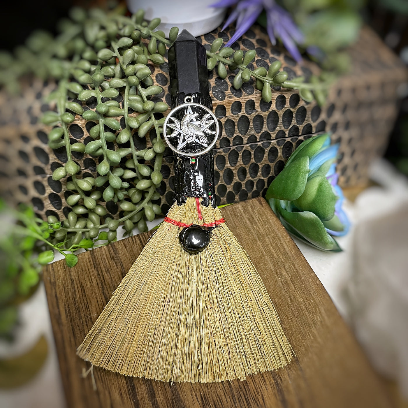 Triple Moon - Wicca - Witch's Broom - Black Obsidian
