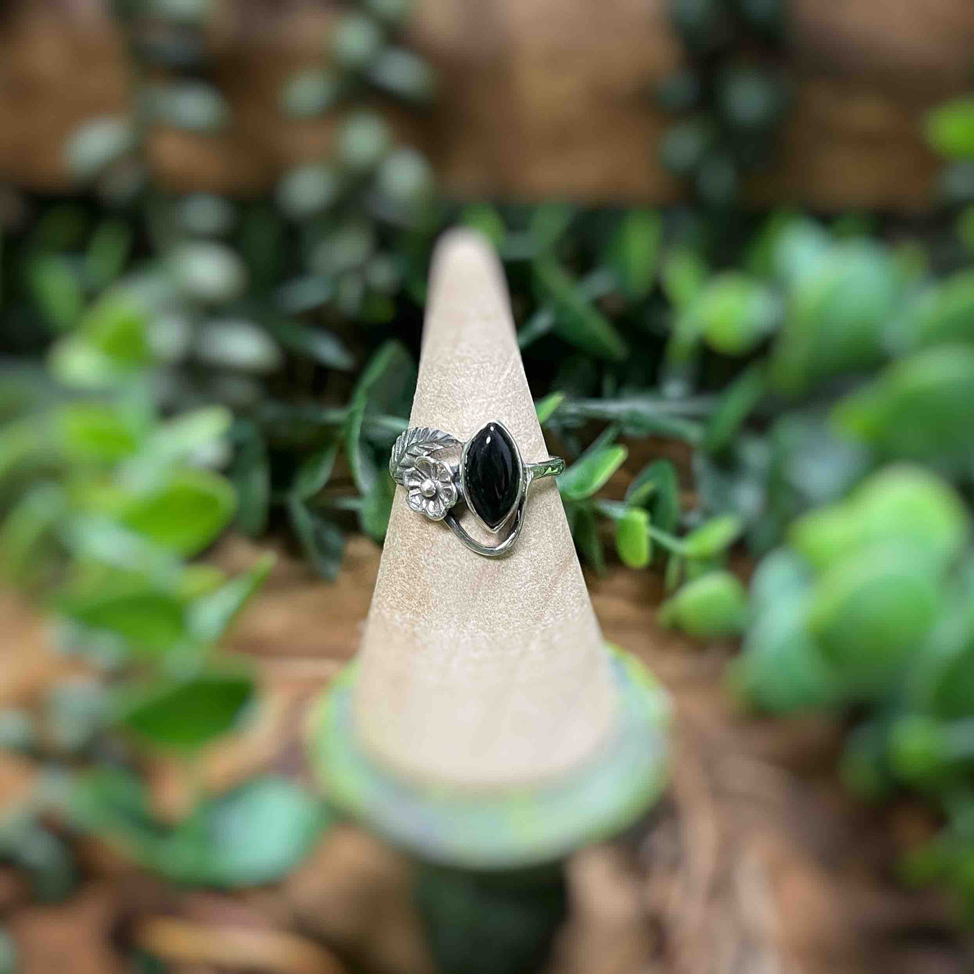 Black Onyx and Flower Sterling Silver Ring - Multi Sizes