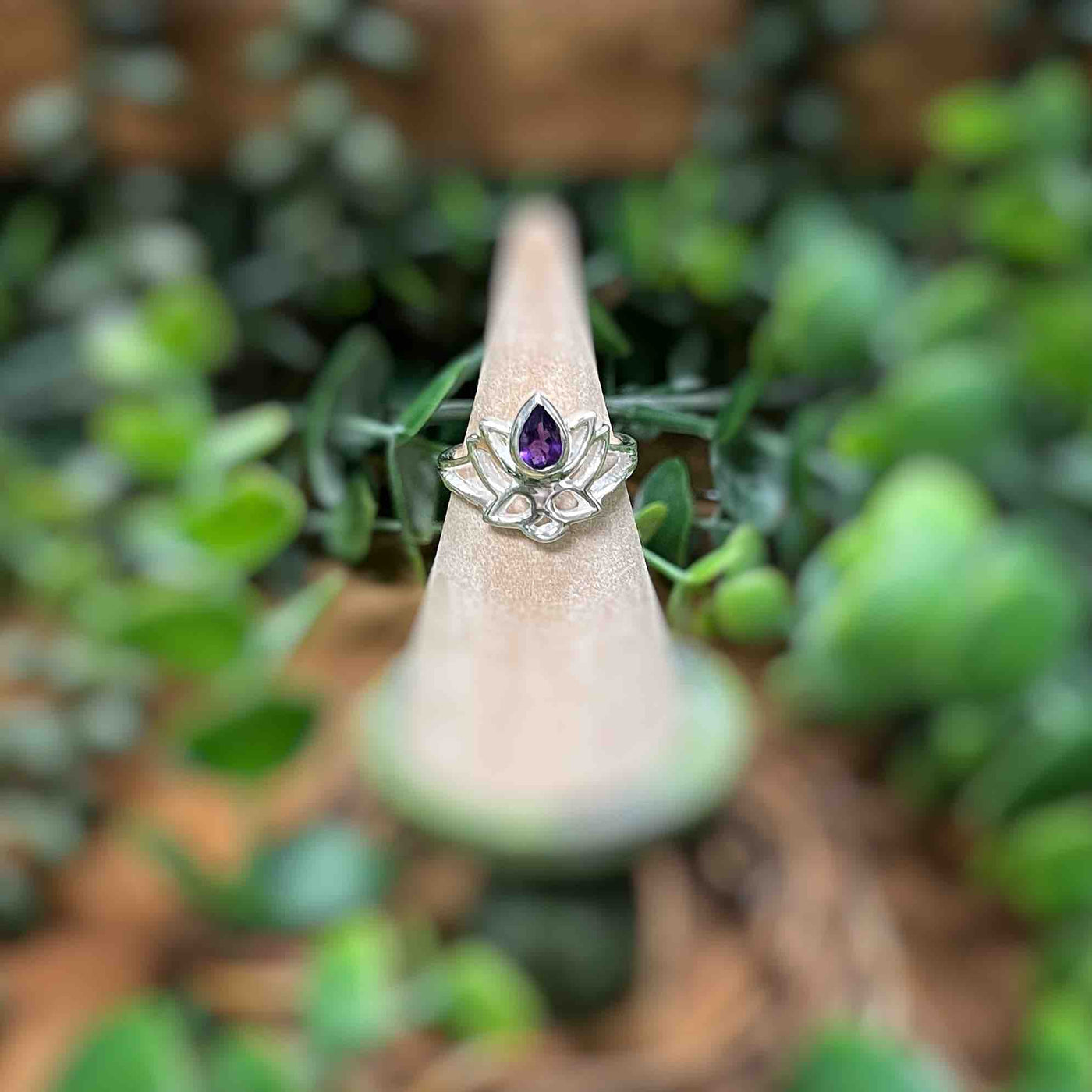Amethyst set in Lotus Flower - Sterling Silver Ring