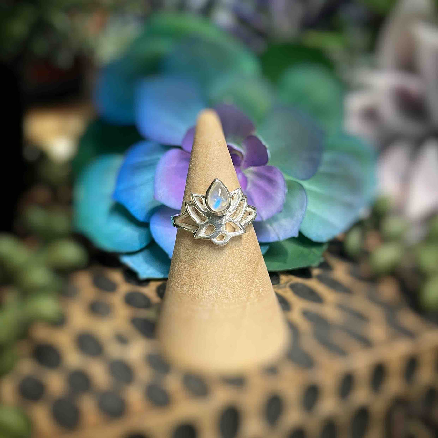 Rainbow Moonstone set in Lotus Flower - Sterling Silver Ring