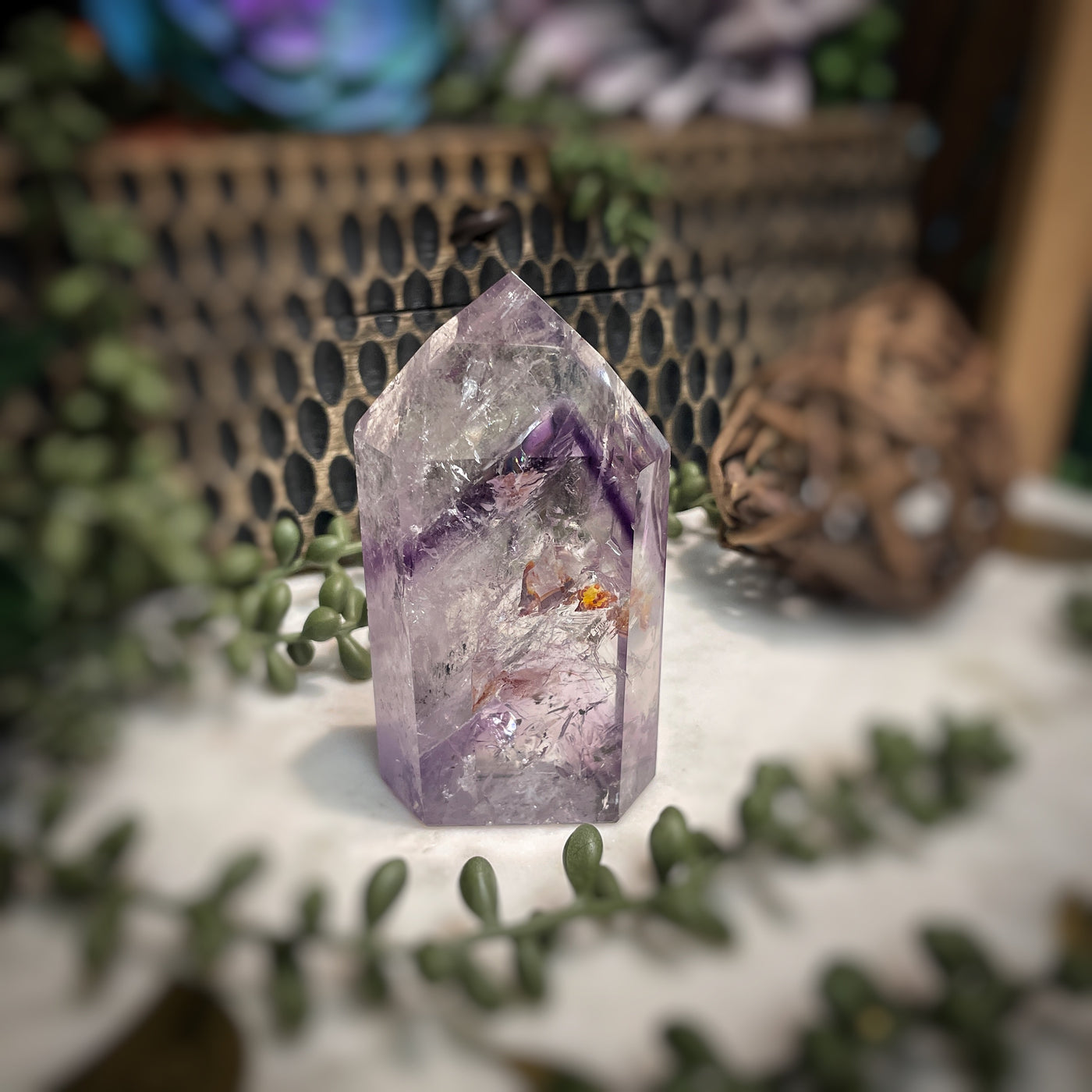 Amethyst w/ Phantom Amethyst  - Tower, Point, Obelisk - 3.5"