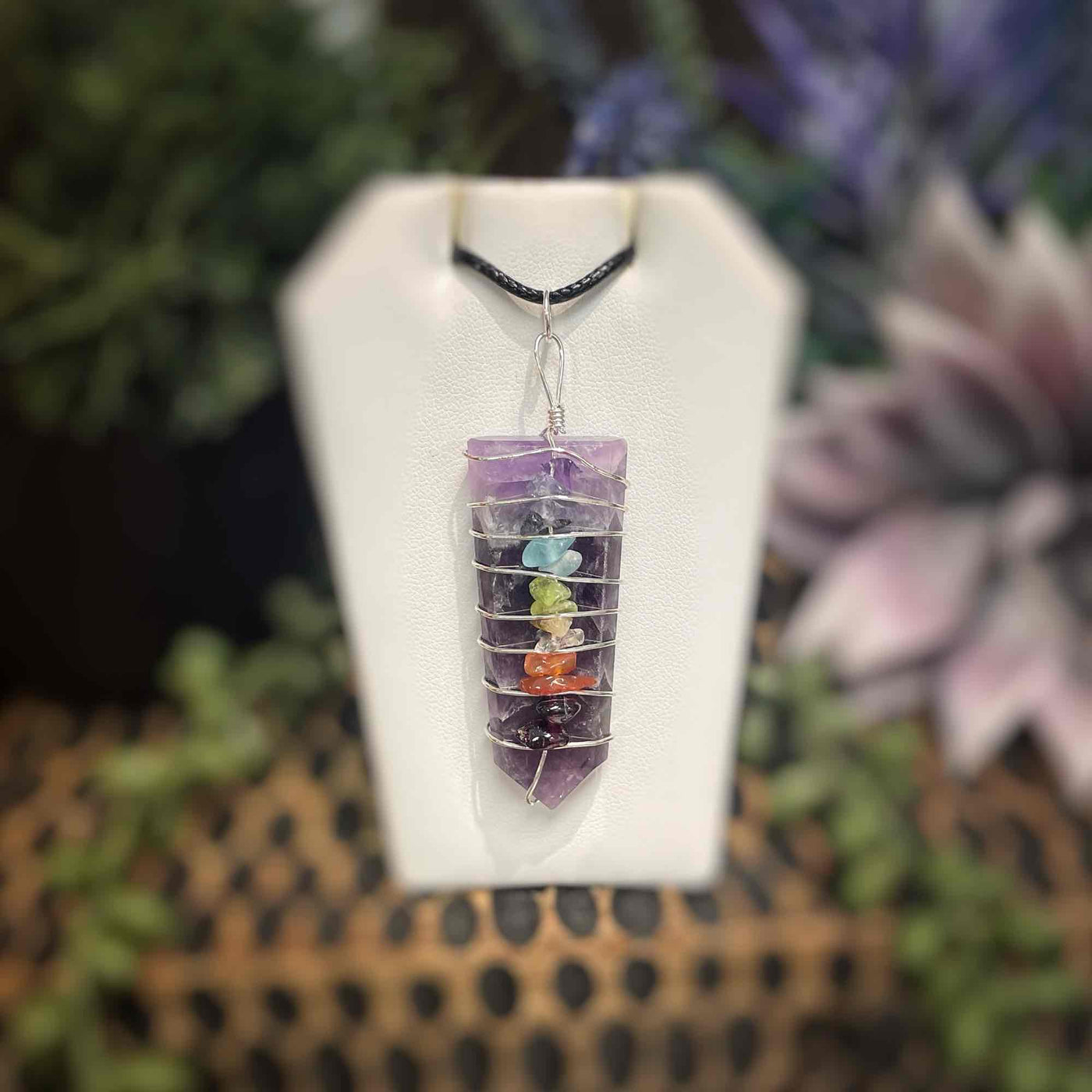 Amethyst - Wire Wrapped Point w/ Chakra Stones - Necklace