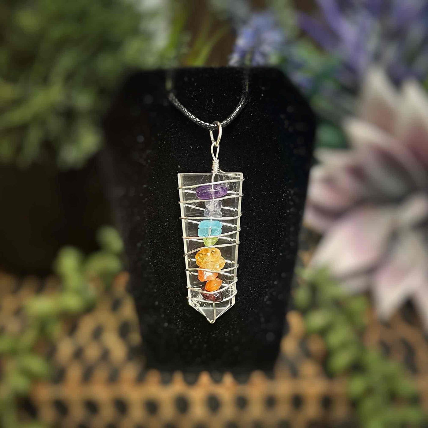 Clear Quartz - Wire Wrapped Point w/ Chakra Stones - Necklace