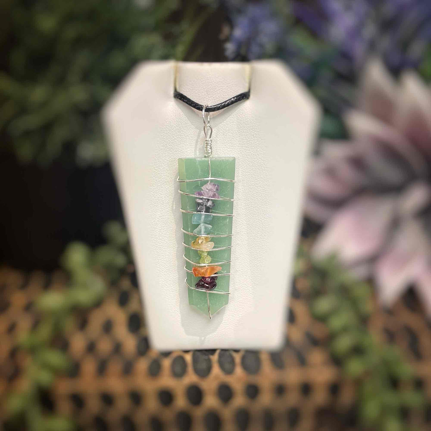 Green Aventurine - Wire Wrapped Point w/ Chakra Stones - Necklace