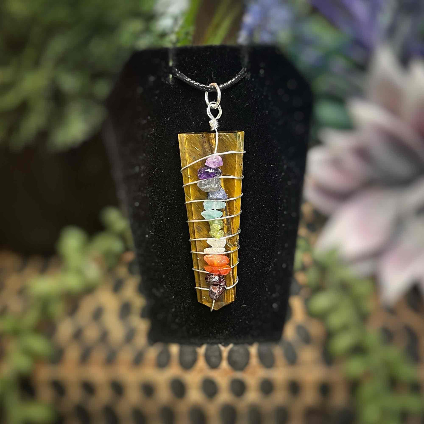 Tiger Eye - Wire Wrapped Point w/ Chakra Stones - Necklace
