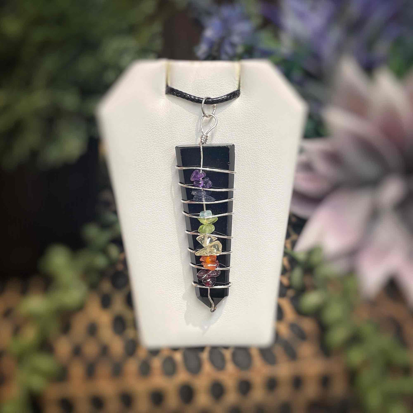 Black Obsidian - Wire Wrapped Point w/ Chakra Stones - Necklace