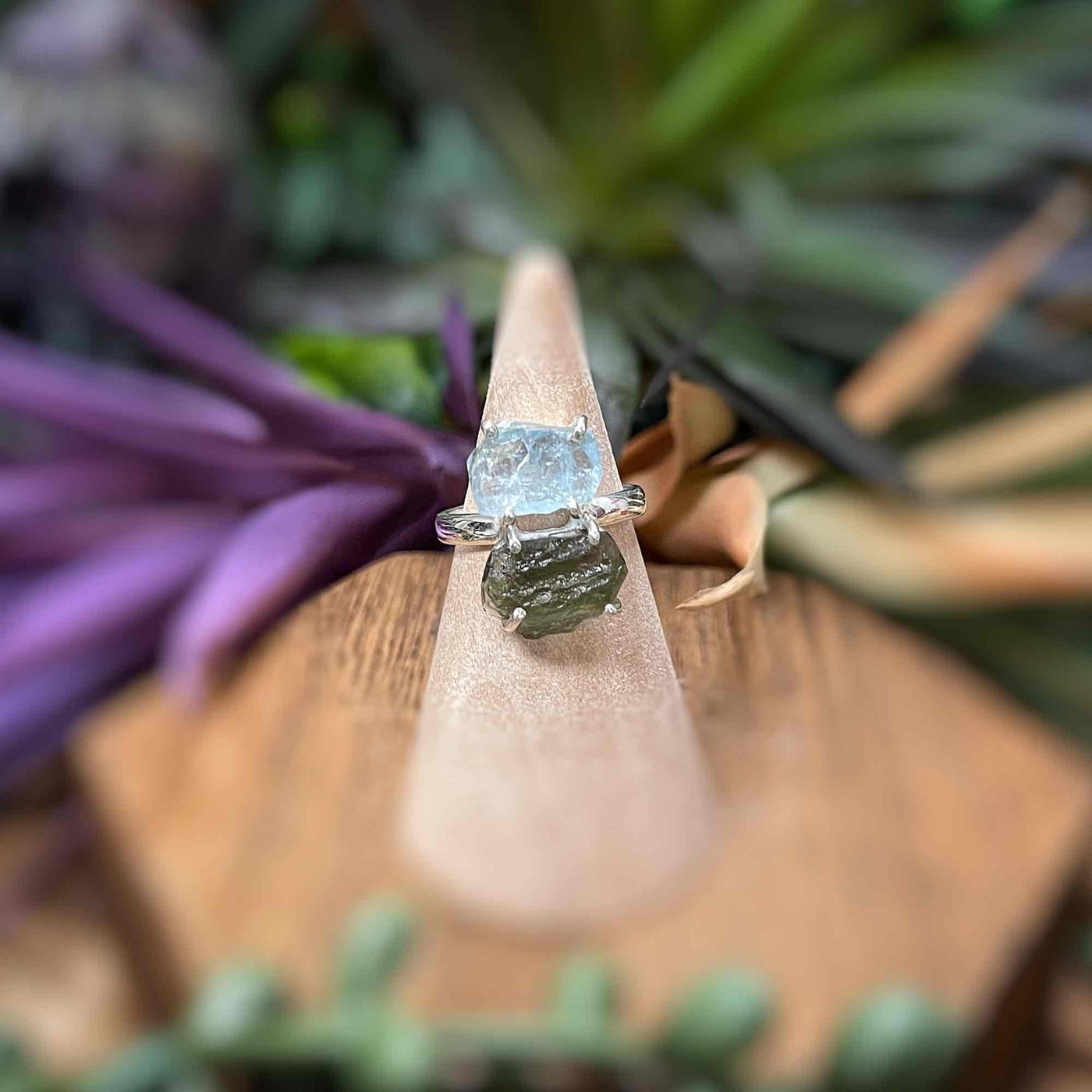 Moldavite + Aquamarine - Sterling Silver Ring