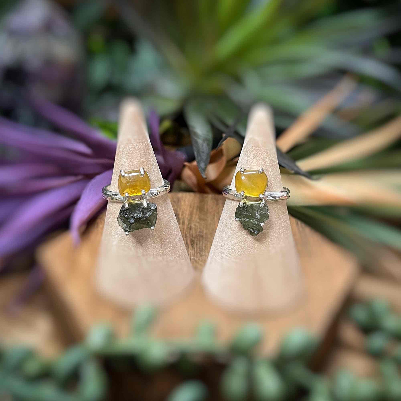 Moldavite + Baltic Amber - Sterling Silver Ring