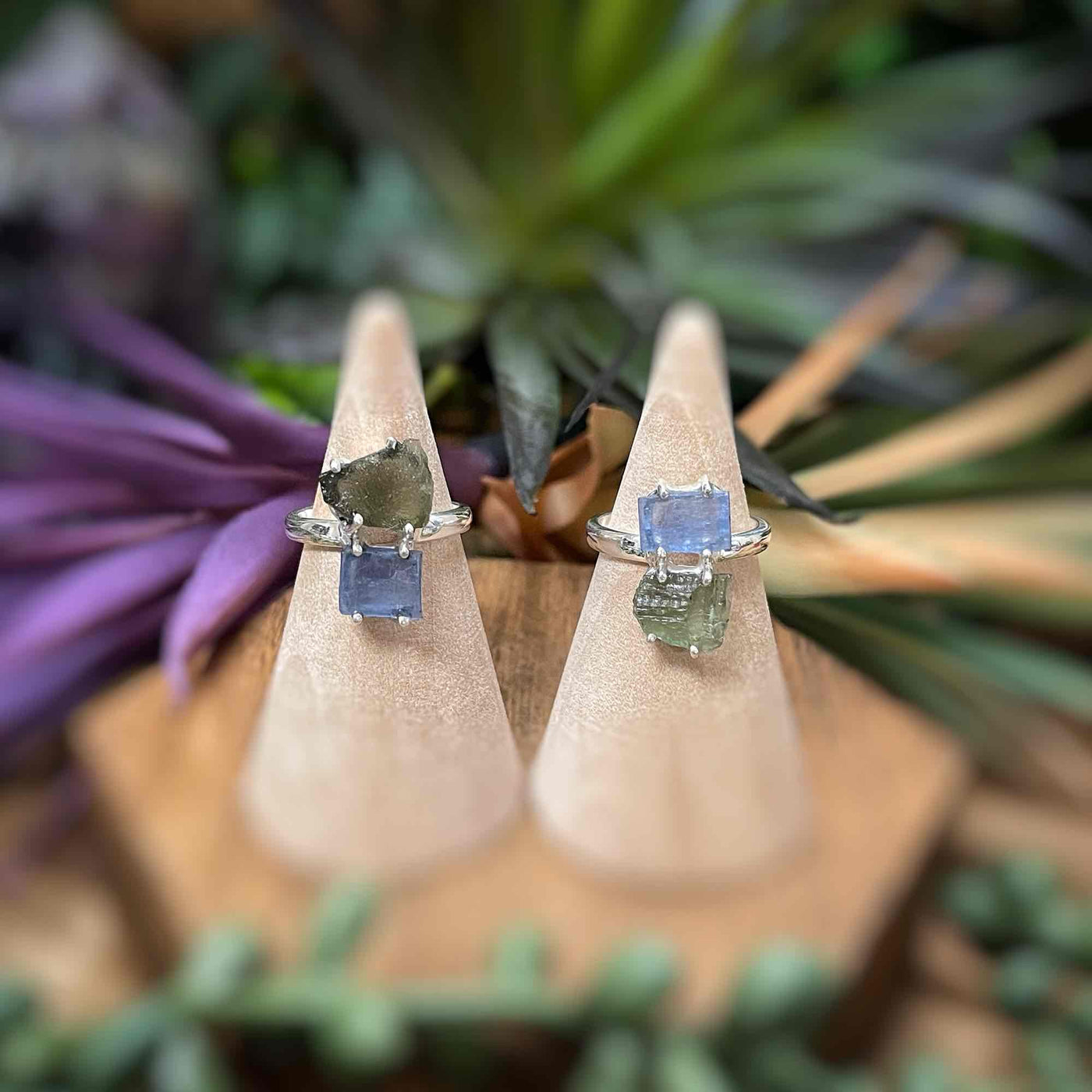 Moldavite + Blue Kyanite - Sterling Silver Ring