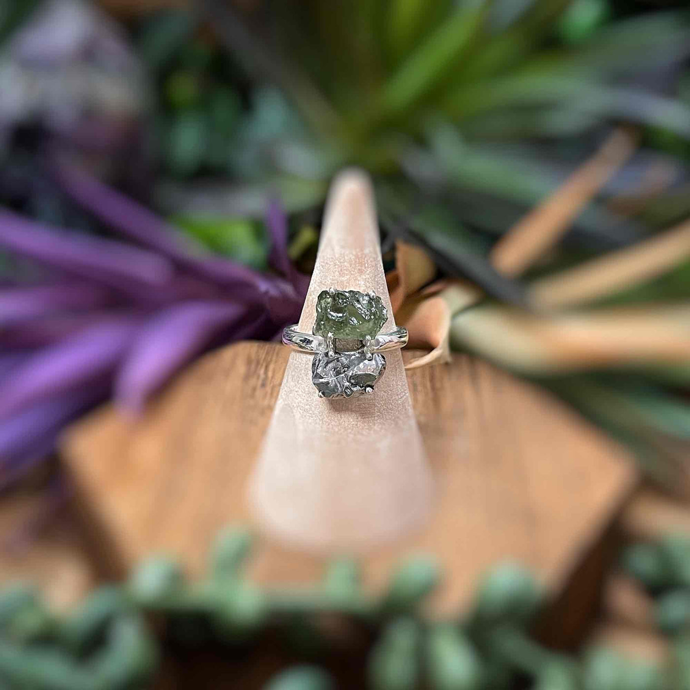 Moldavite + Meteorite - Sterling Silver Ring