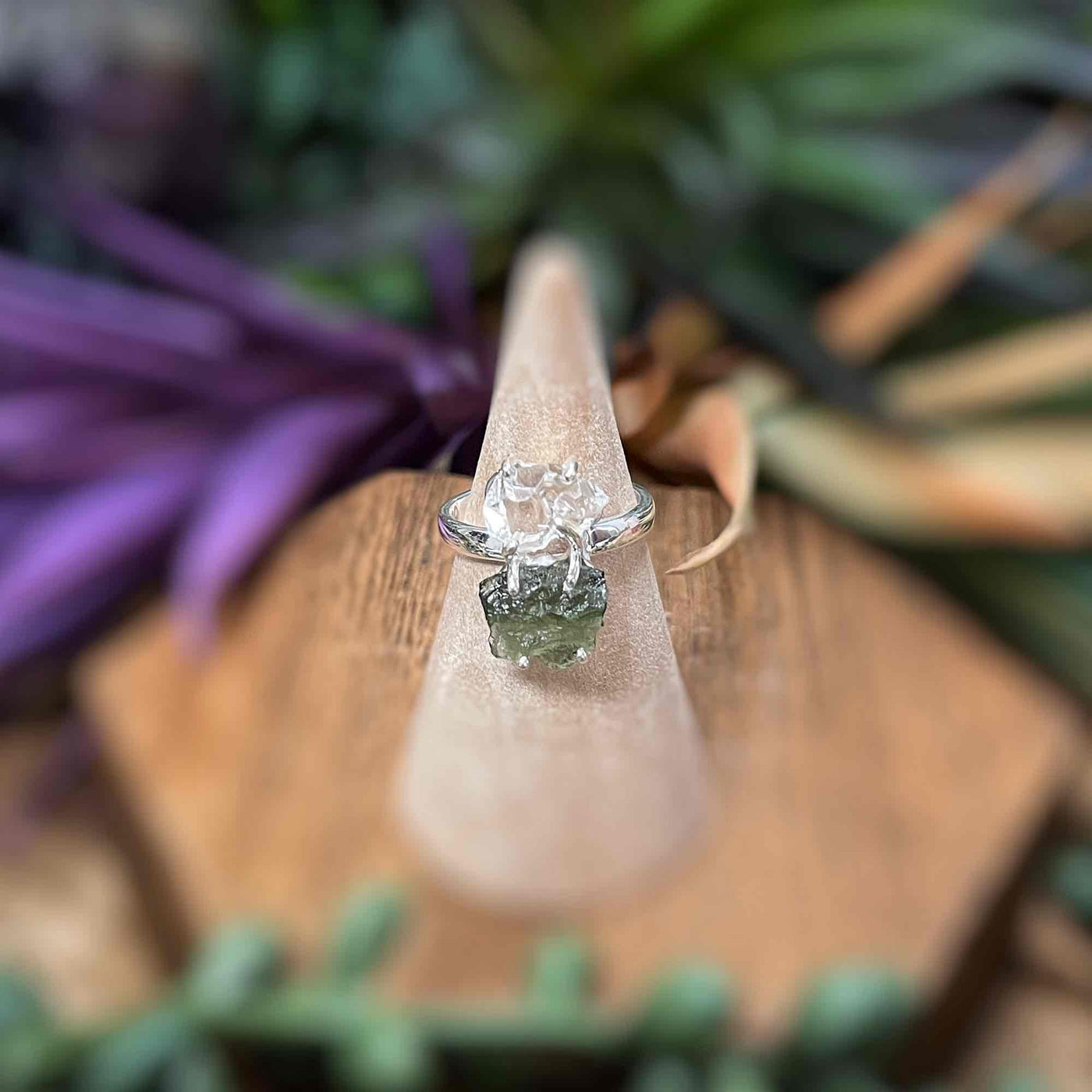 Moldavite + Pakimer Diamond - Sterling Silver Ring