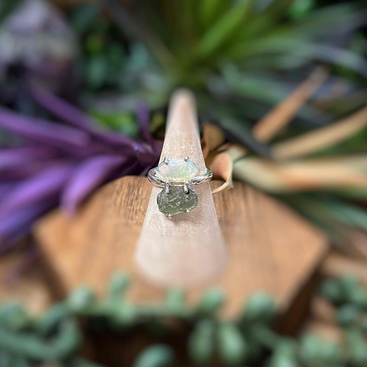 Moldavite + Ethiopian Opal - Sterling Silver Ring