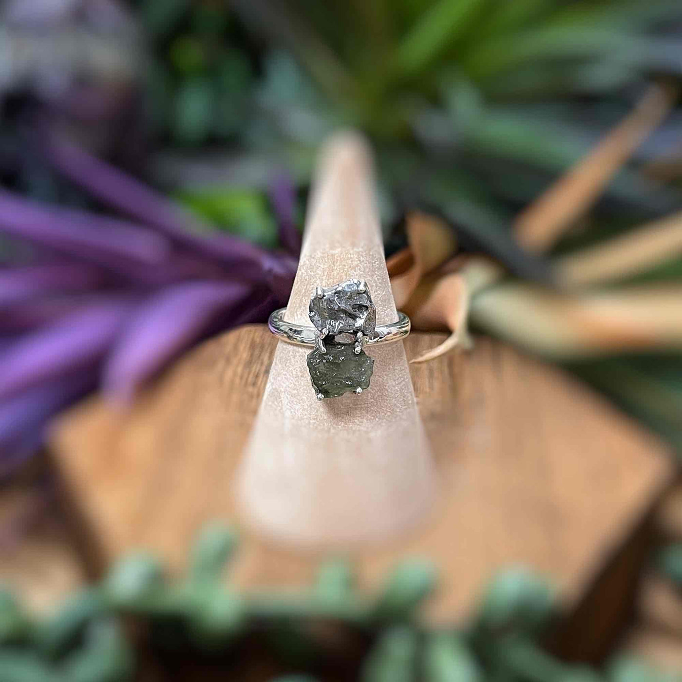 Moldavite + Meteorite - Sterling Silver Ring