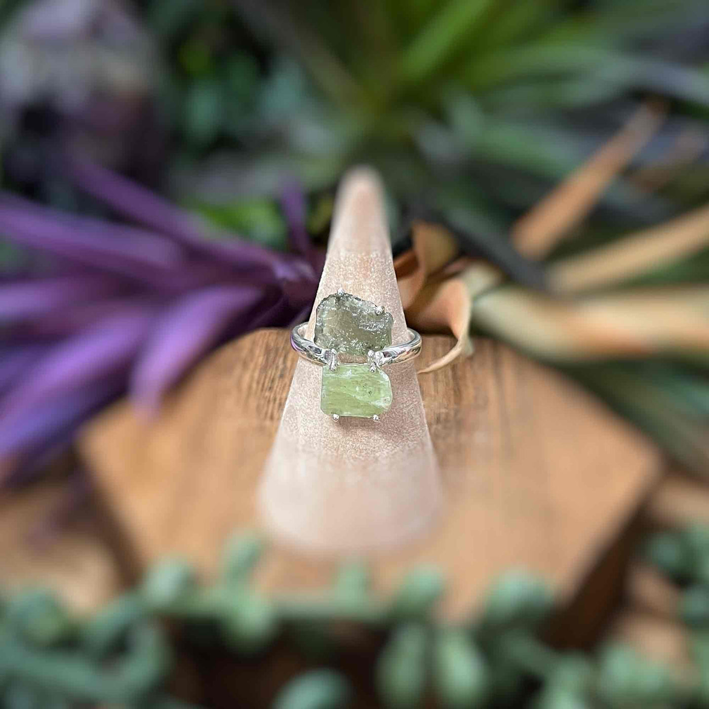 Moldavite + Green Kyanite - Sterling Silver Ring