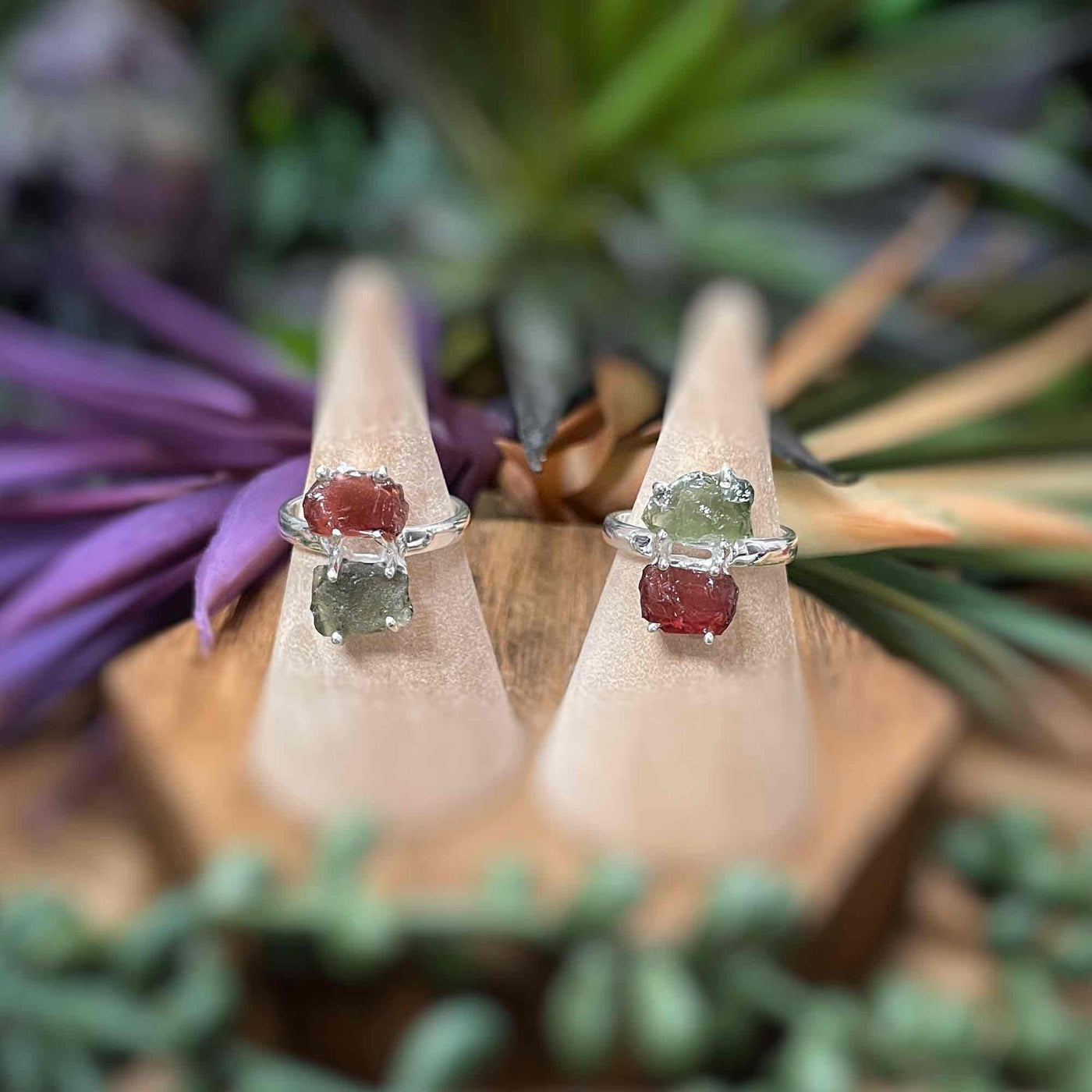 Moldavite + Garnet - Sterling Silver Ring