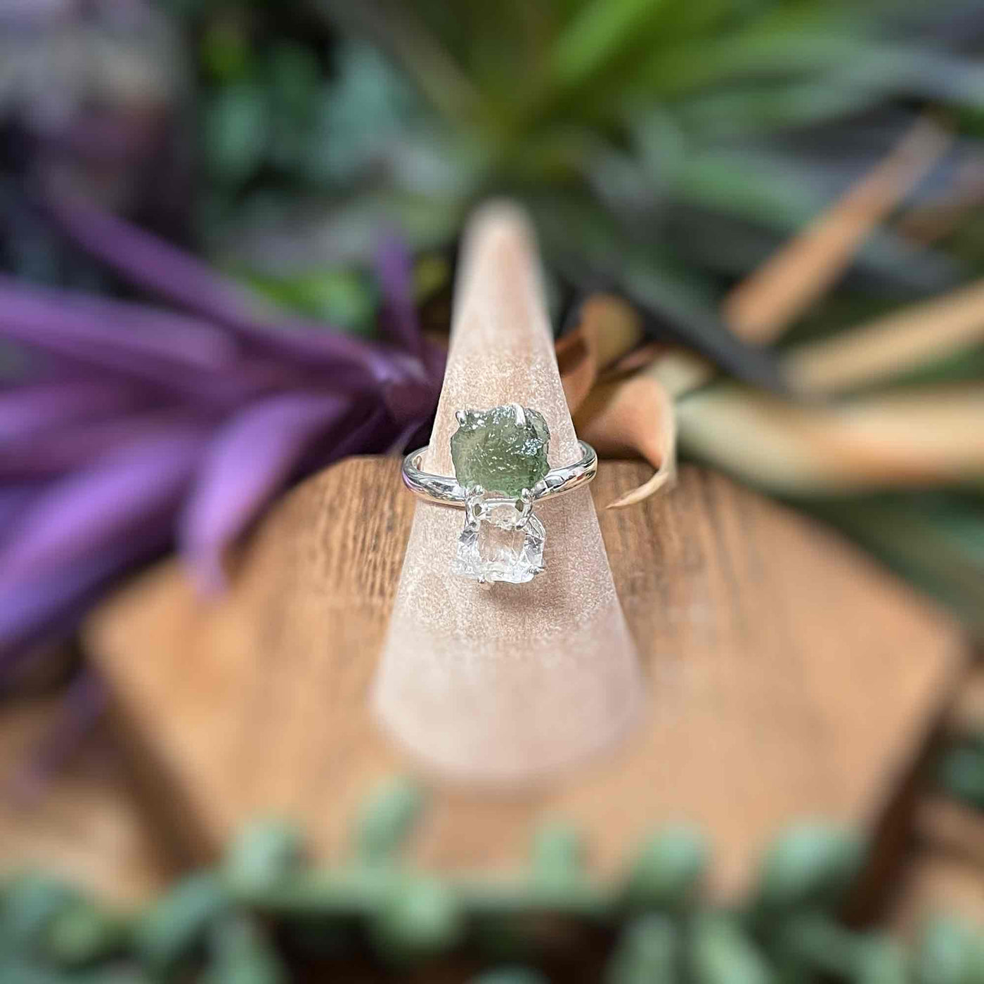 Moldavite + Pakimer Diamond - Sterling Silver Ring