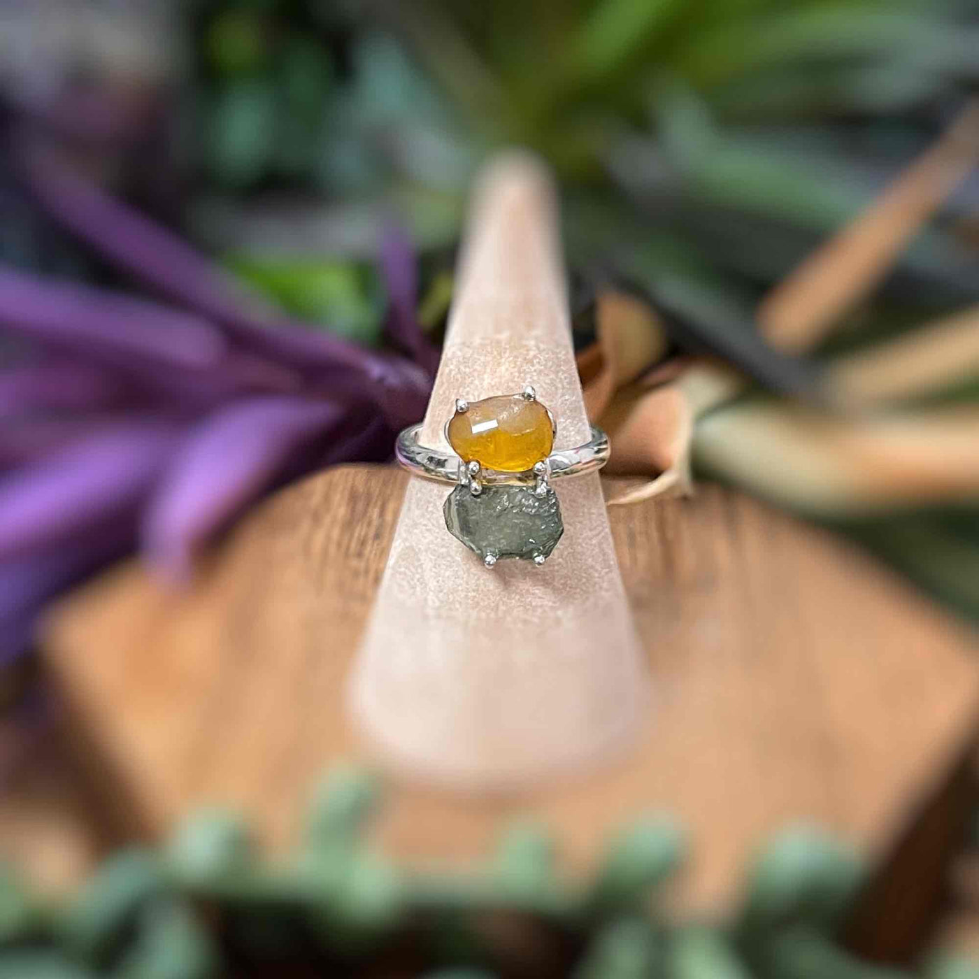 Moldavite + Baltic Amber - Sterling Silver Ring