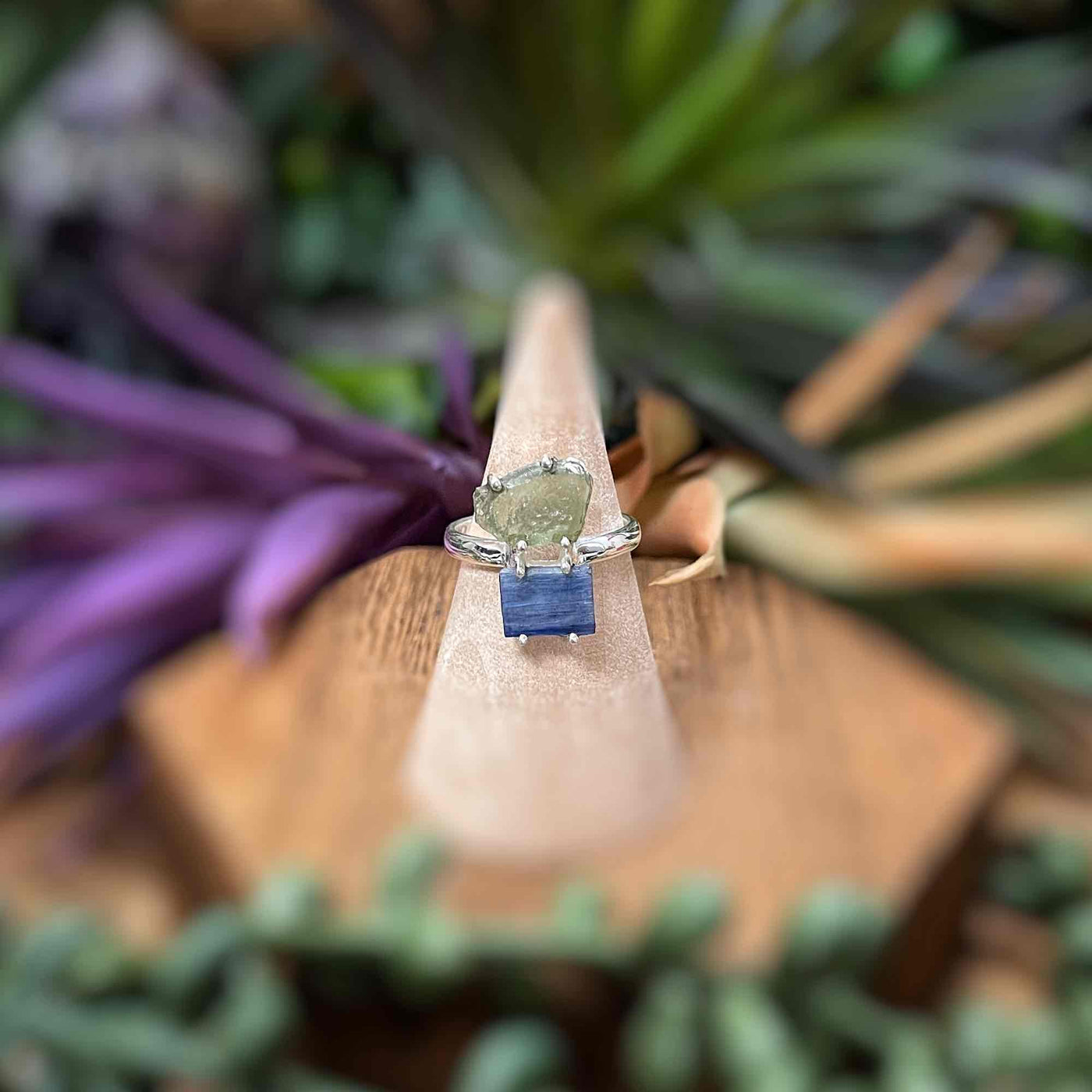 Moldavite + Blue Kyanite - Sterling Silver Ring