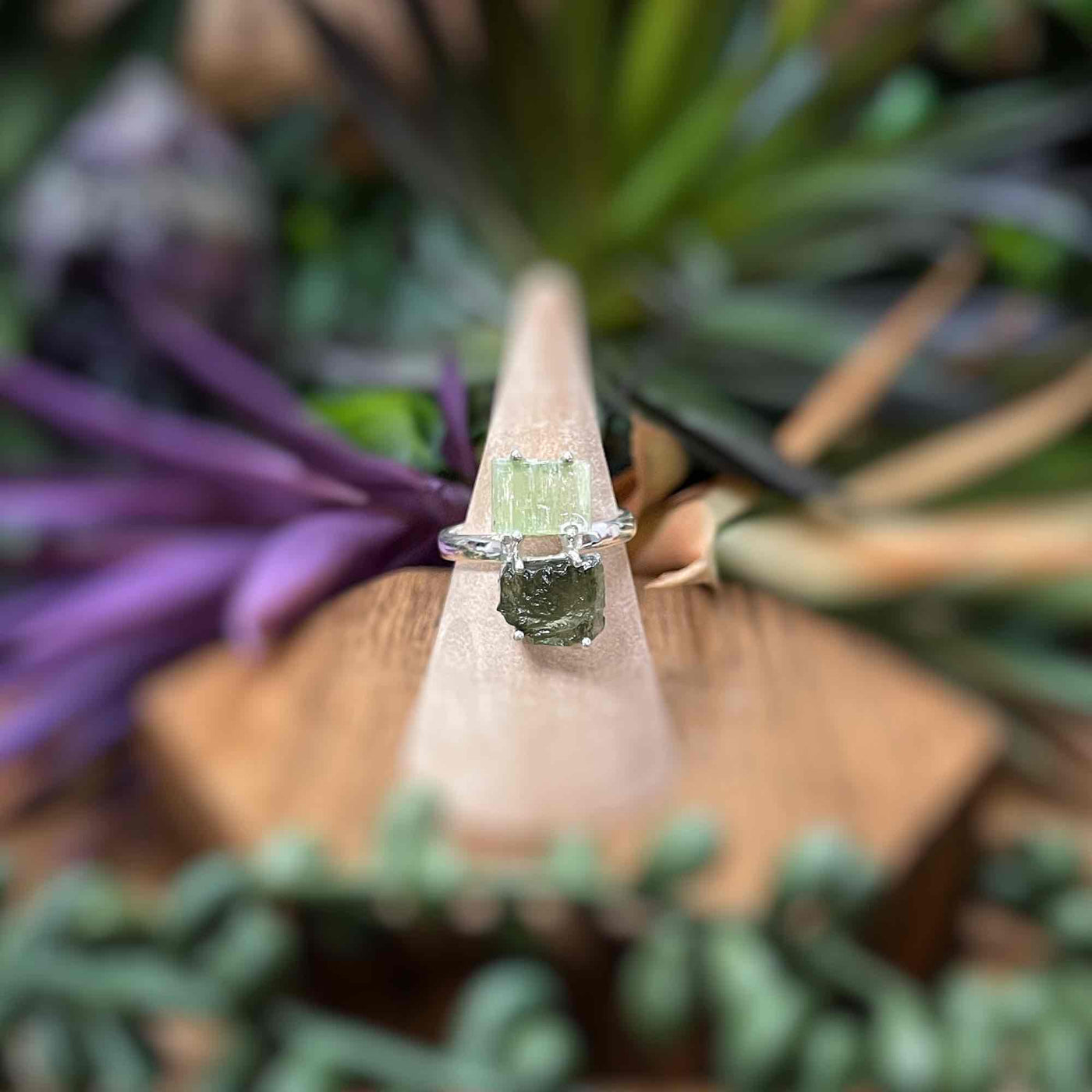 Moldavite + Green Kyanite - Sterling Silver Ring