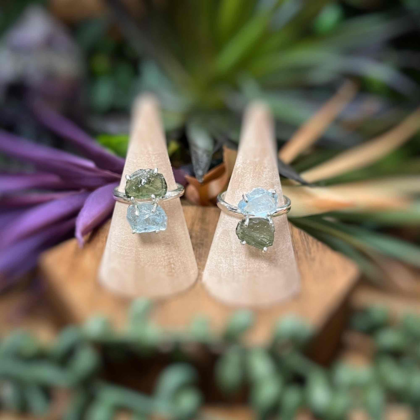 Moldavite + Aquamarine - Sterling Silver Ring