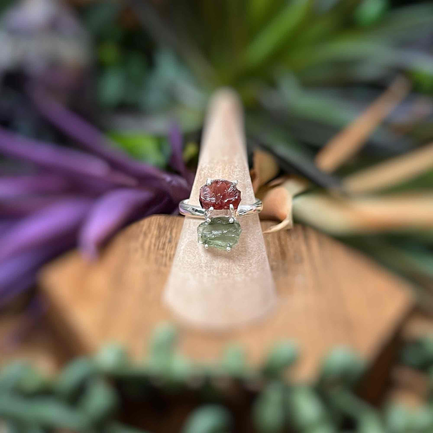 Moldavite + Garnet - Sterling Silver Ring