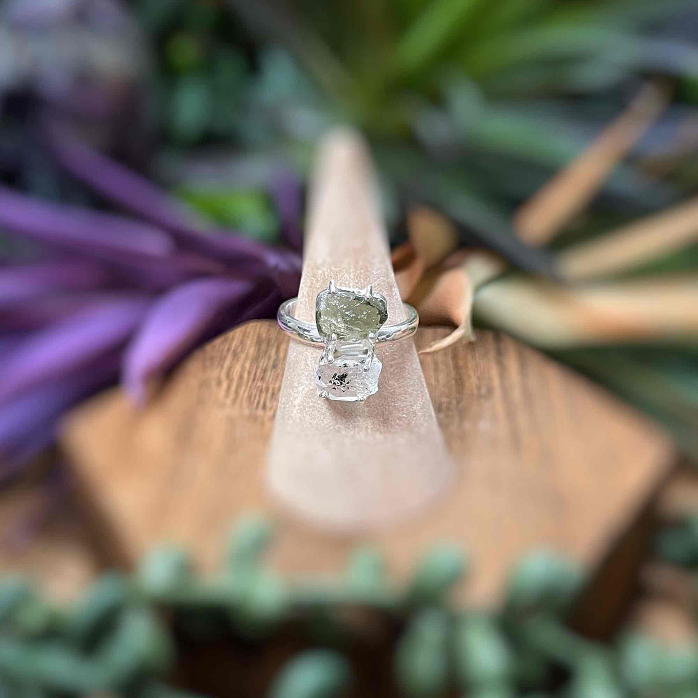 Moldavite + Pakimer Diamond - Sterling Silver Ring