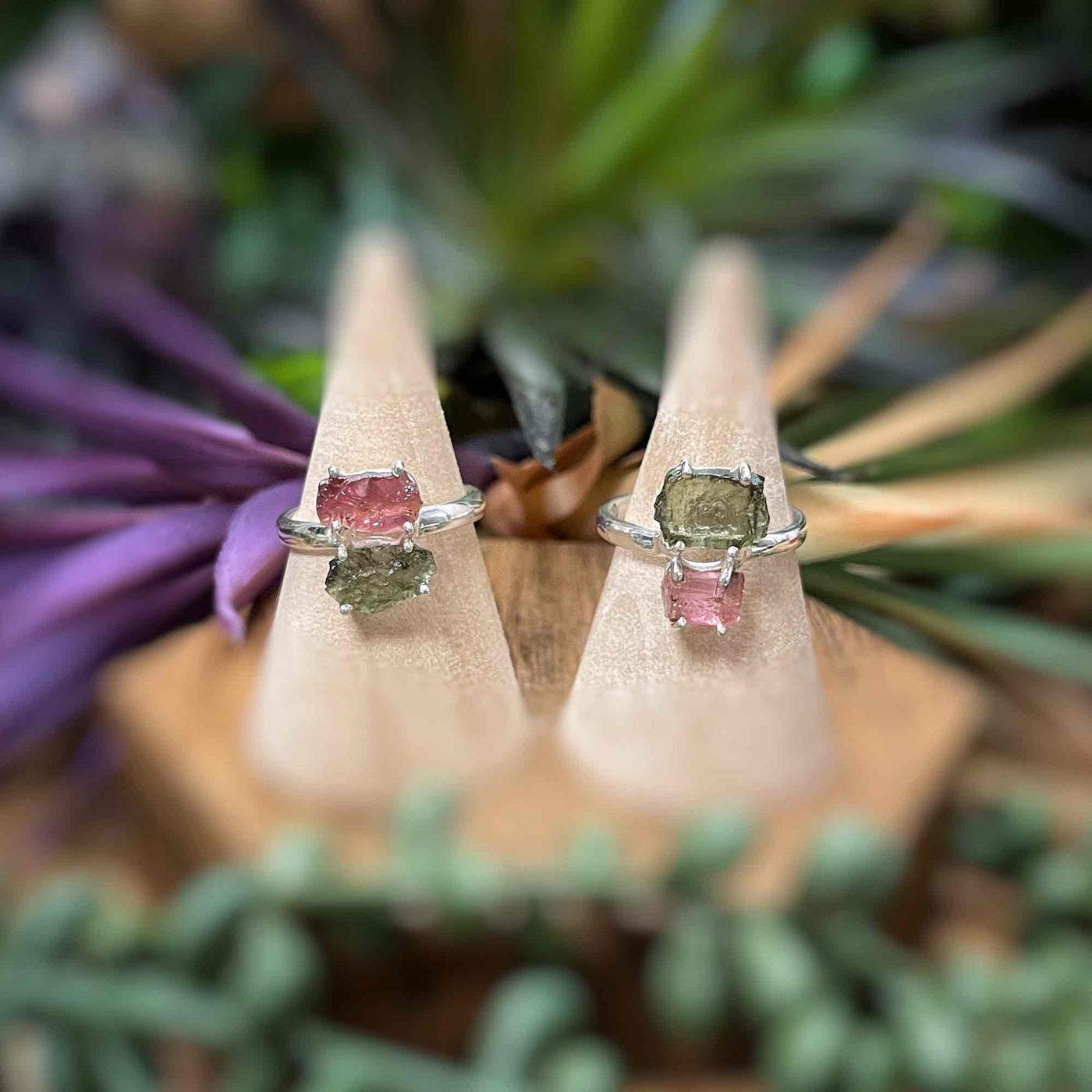 Moldavite + Pink Tourmaline - Sterling Silver Ring