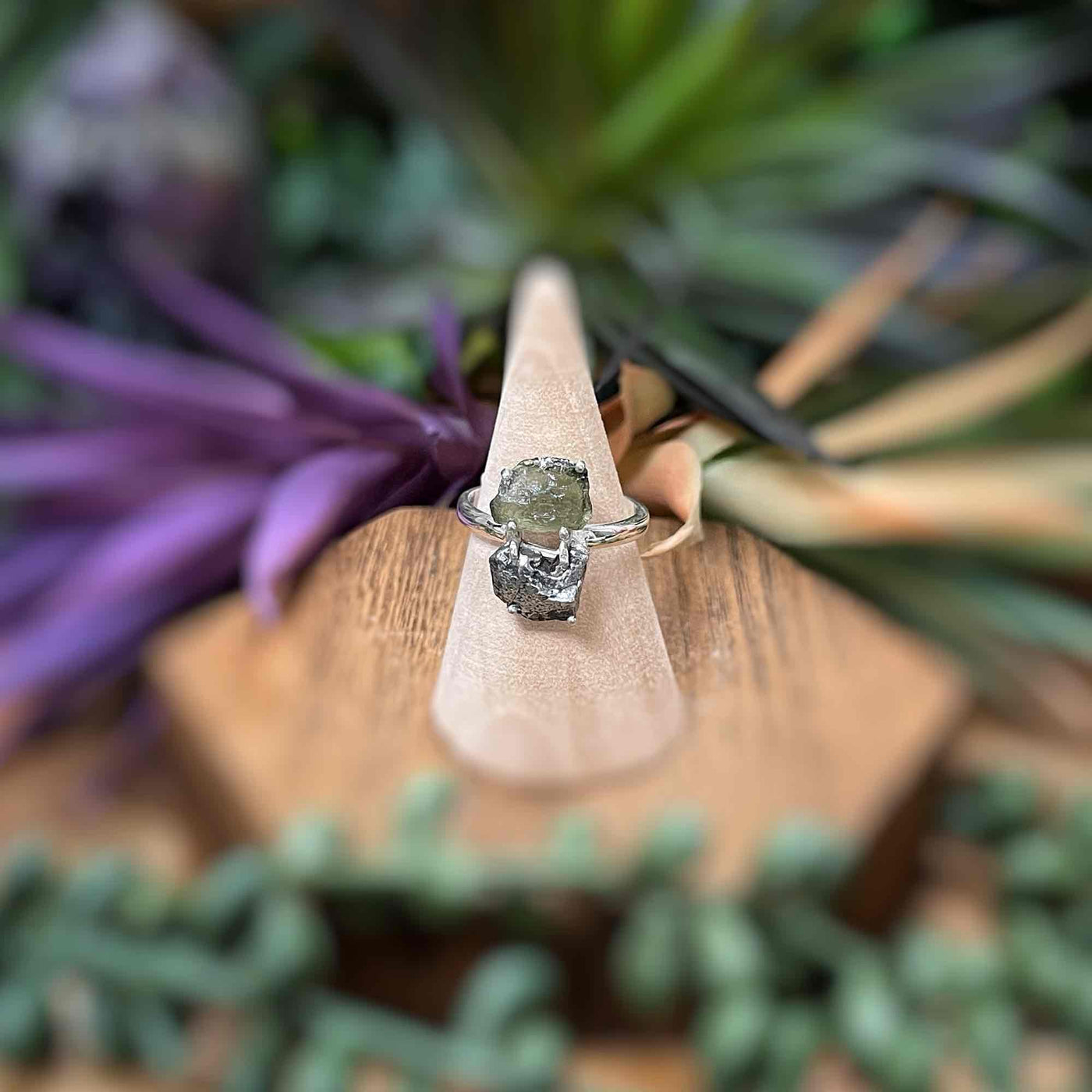 Moldavite + Meteorite - Sterling Silver Ring