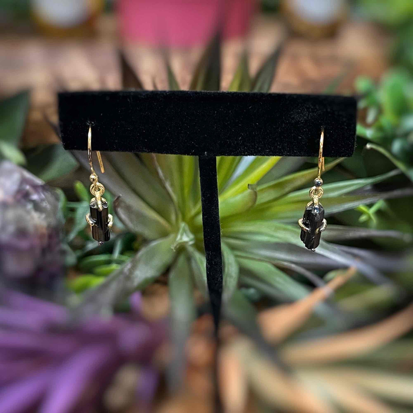 Black Tourmaline - Gold Plated Sterling Silver Earrings