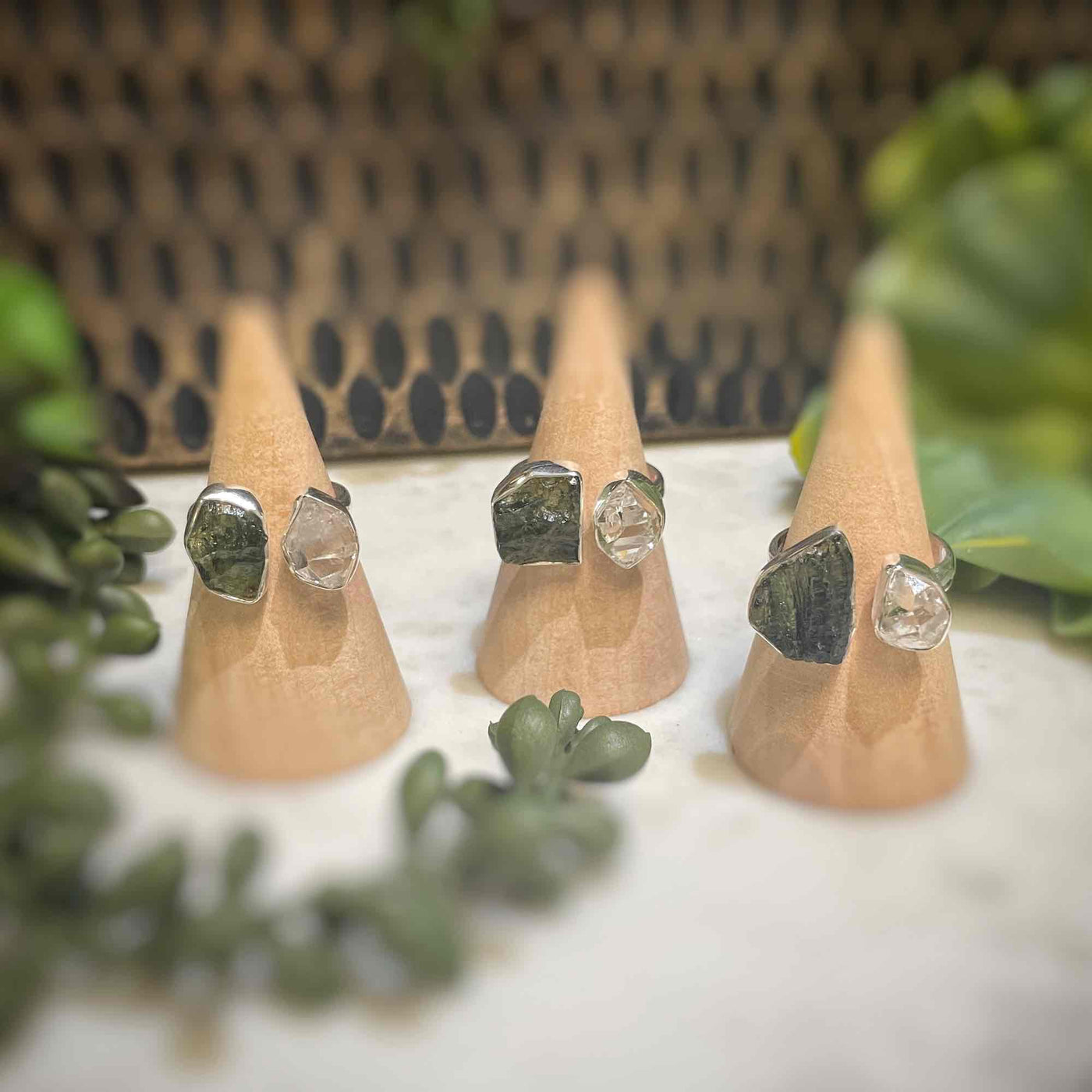 Adjustable Moldavite and Herkimer Diamond - Ring