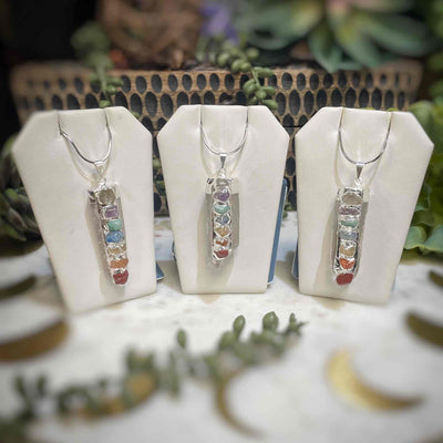 Silver Plated Quartz Point w/ Chakra Stones - Necklace