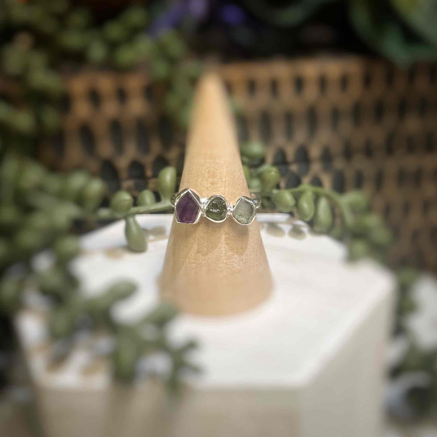 3 stone ring - Aquamarine, Moldavite, Amethyst - Sterling Silver size 9