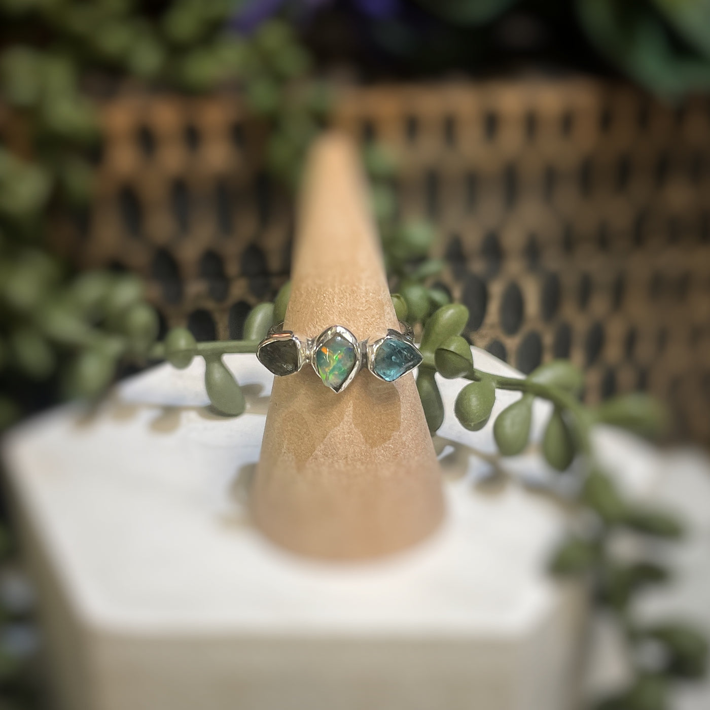 3 stone ring - Moldavite, Ethiopian Opal, Blue Apatite - Sterling Silver size 7