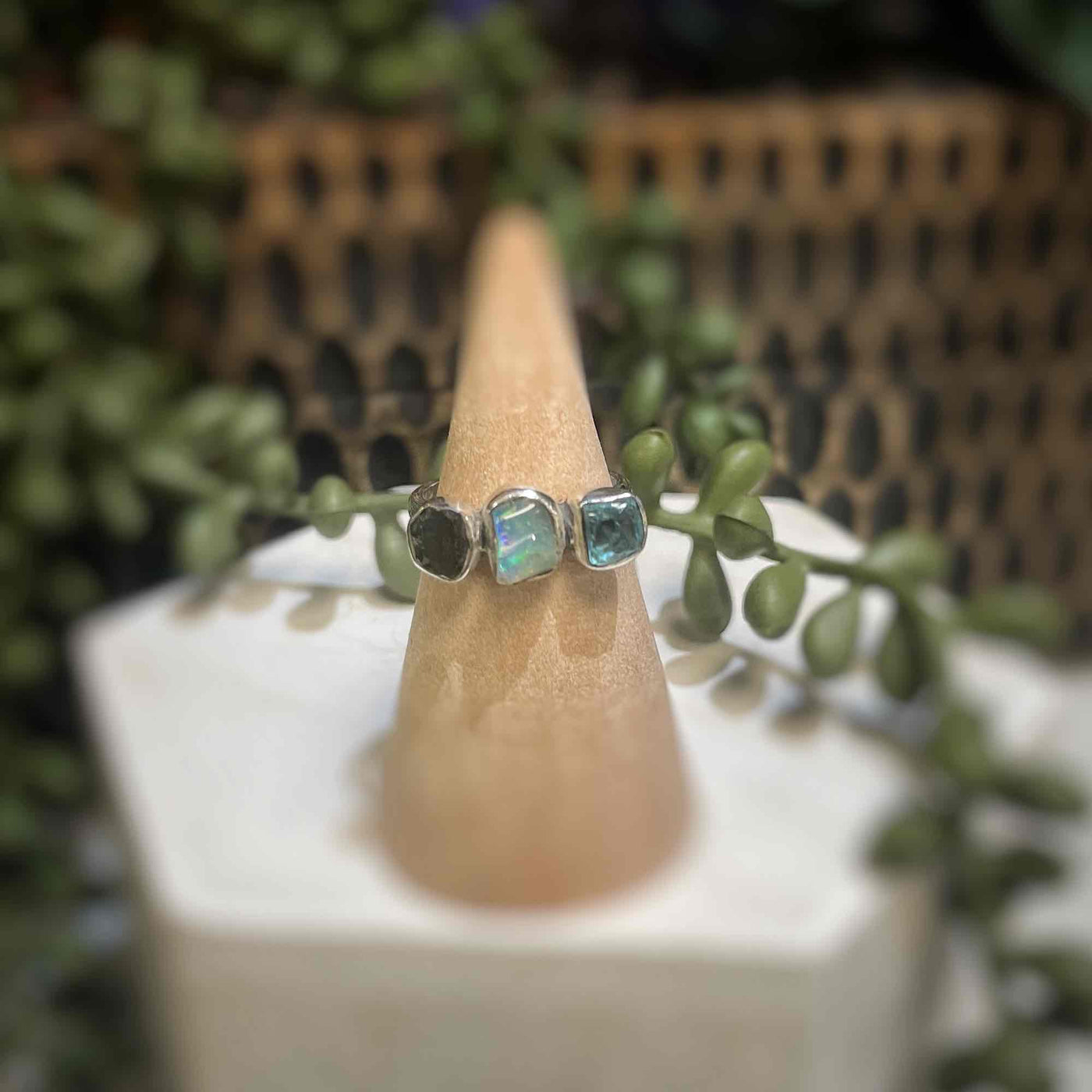 3 stone ring - Moldavite, Ethiopian Opal, Blue Apatite - Sterling Silver size 5