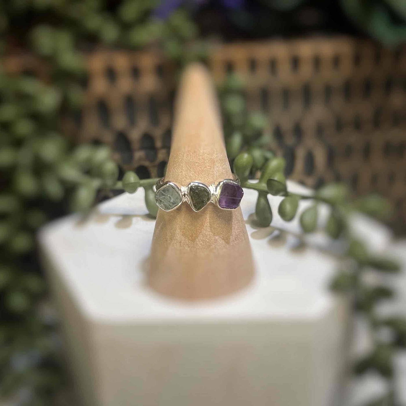 3 stone ring - Aquamarine, Moldavite, Amethyst - Sterling Silver size 8