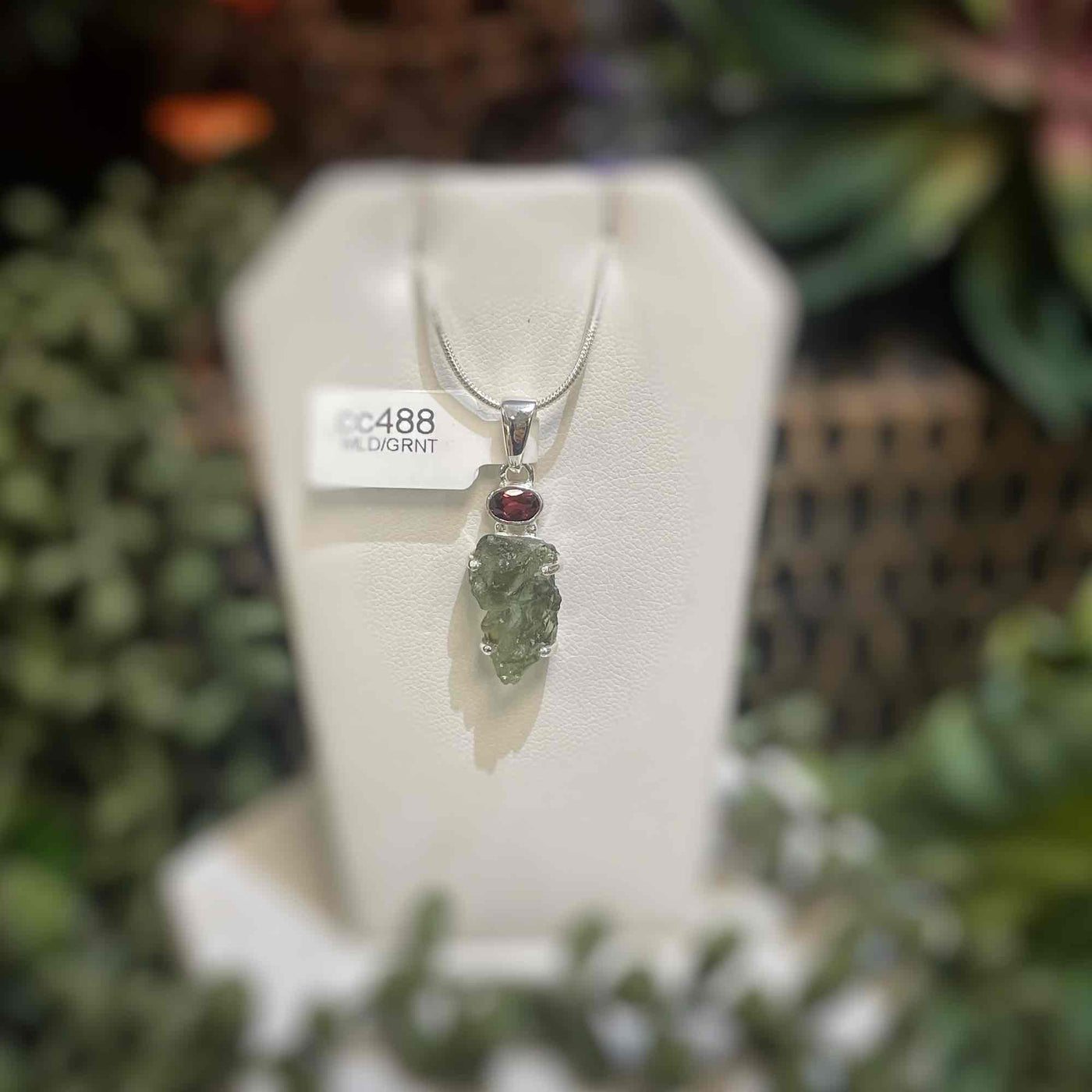 Moldavite + Garnet - Sterling Silver Pendant