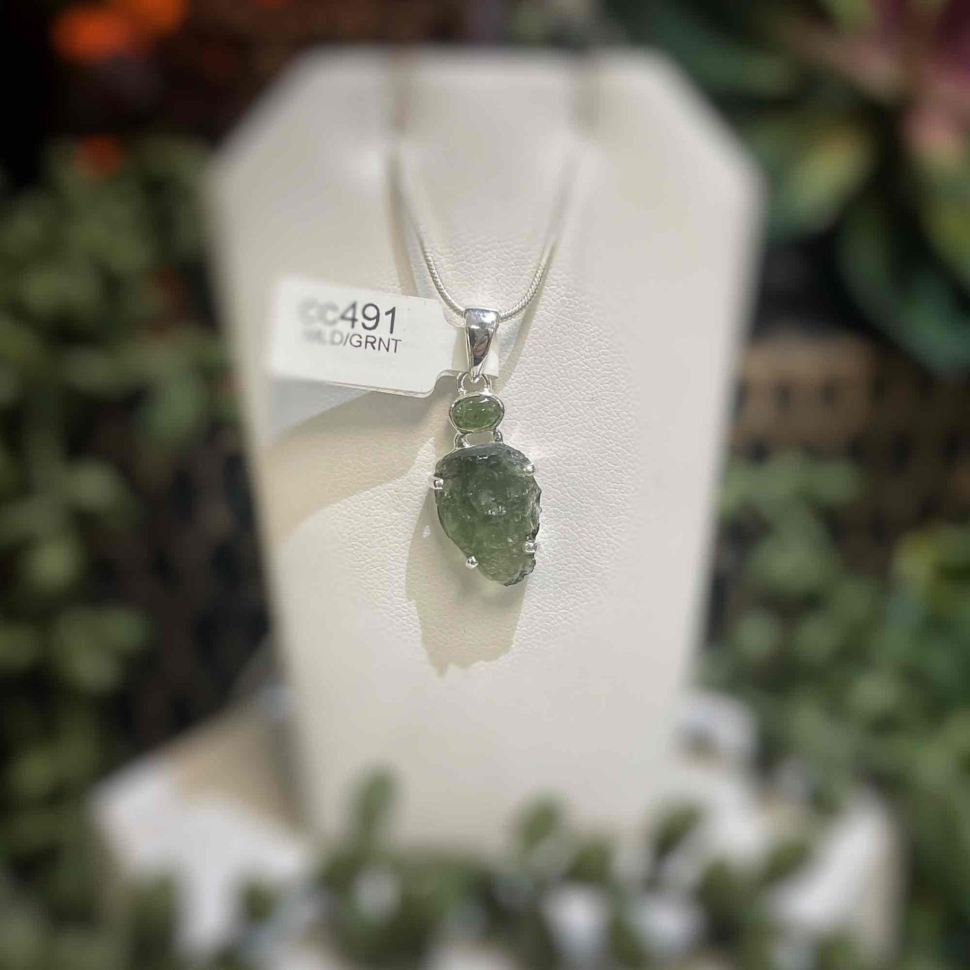 Moldavite + Green Tourmaline - Sterling Silver Pendant