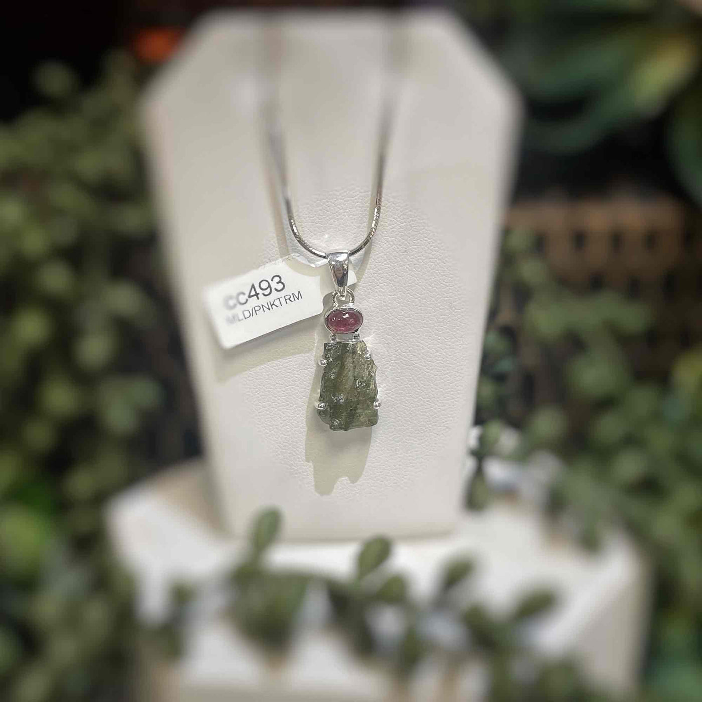 Moldavite + Pink Tourmaline - Sterling Silver Pendant
