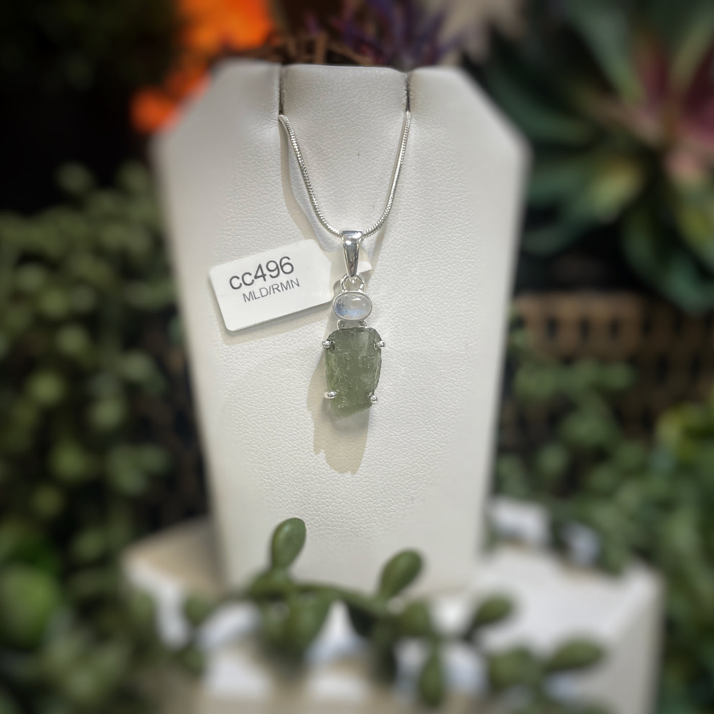 Moldavite + Rainbow Moonstone - Sterling Silver Pendant