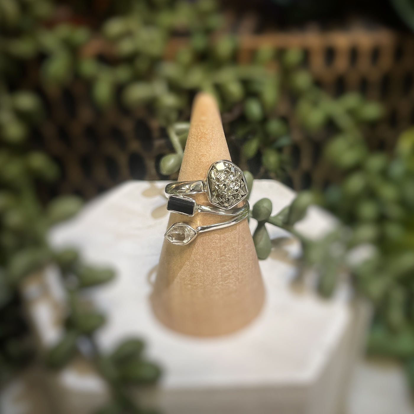3 stone ring - Black Tourmaline, Pakimer Diamond, Meteorite - Sterling Silver size 5