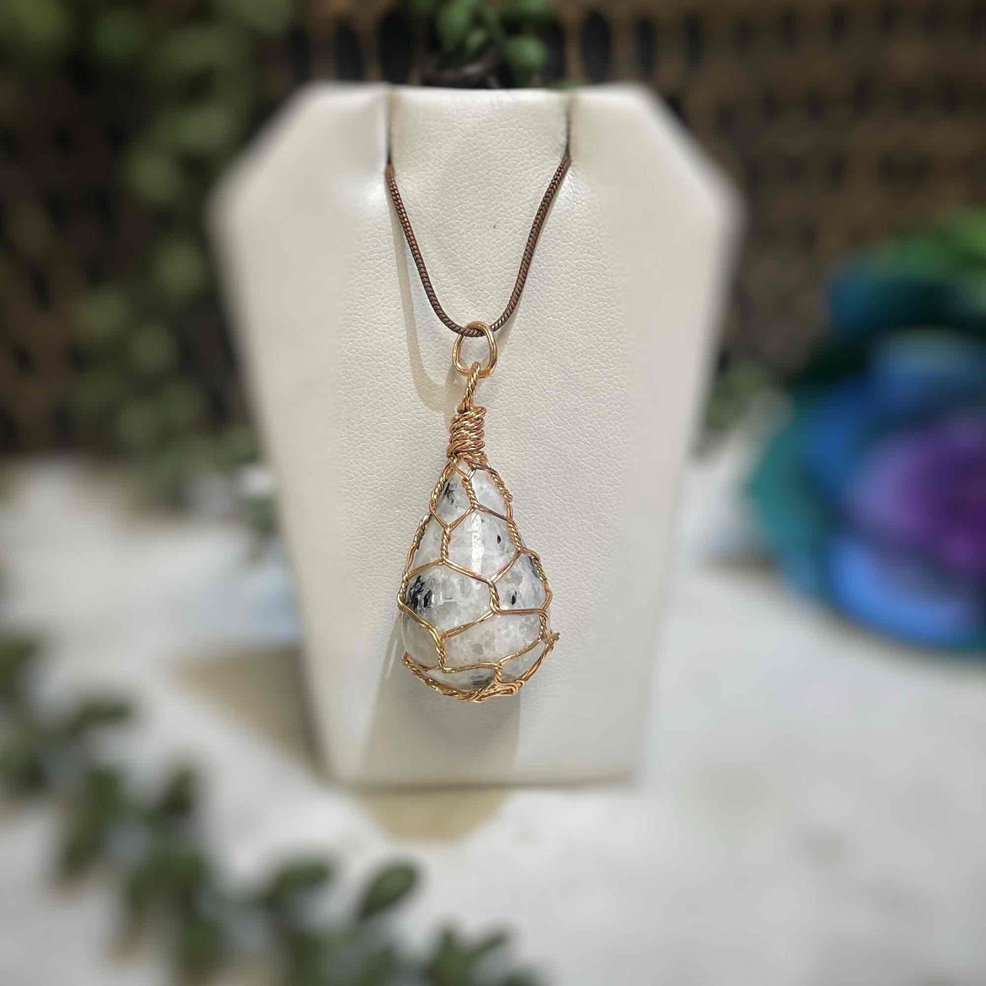 Rainbow Moonstone - Copper Wire Wrapped Drop Shape - Necklace
