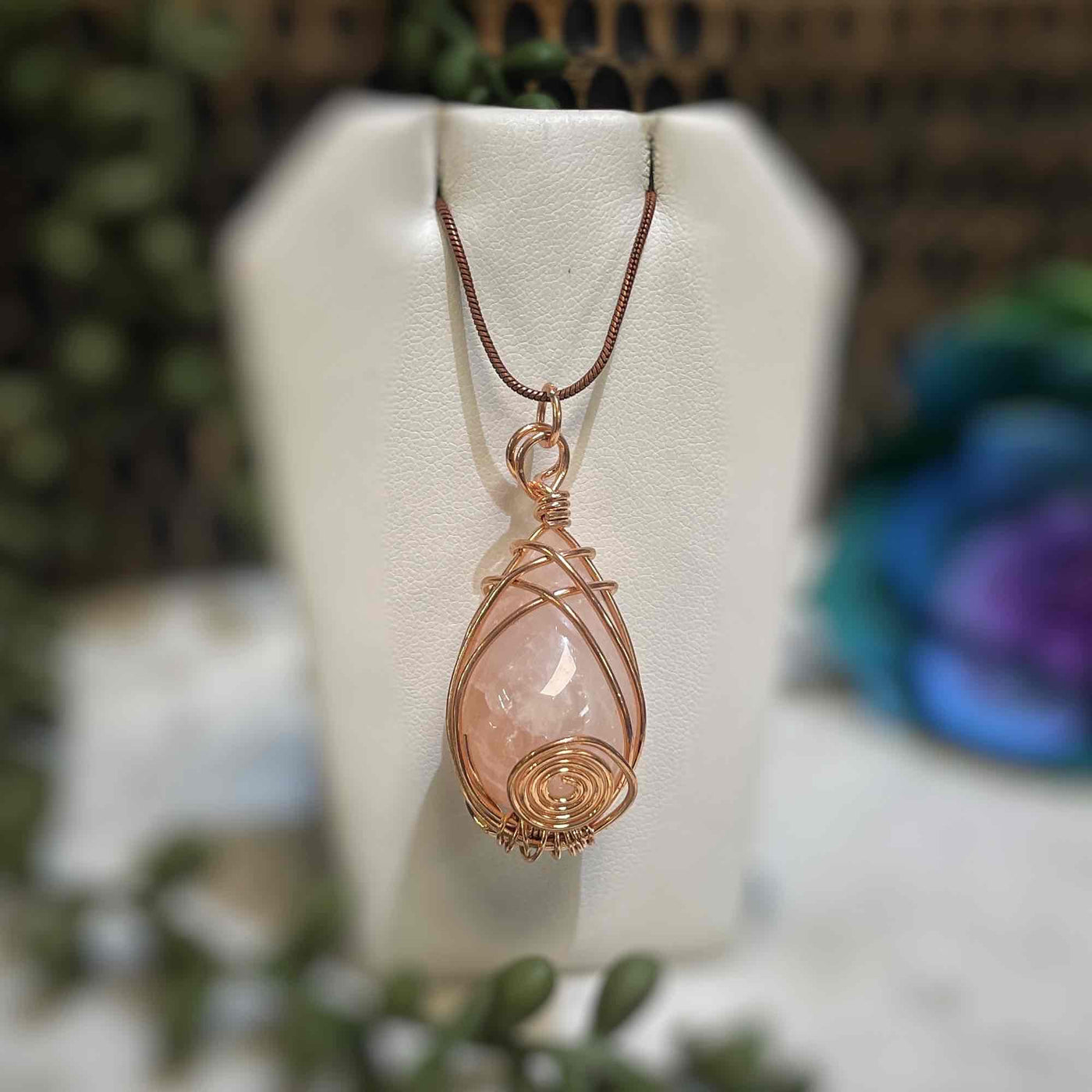 Rose Quartz - Copper Wire Wrapped Drop Shape - Necklace