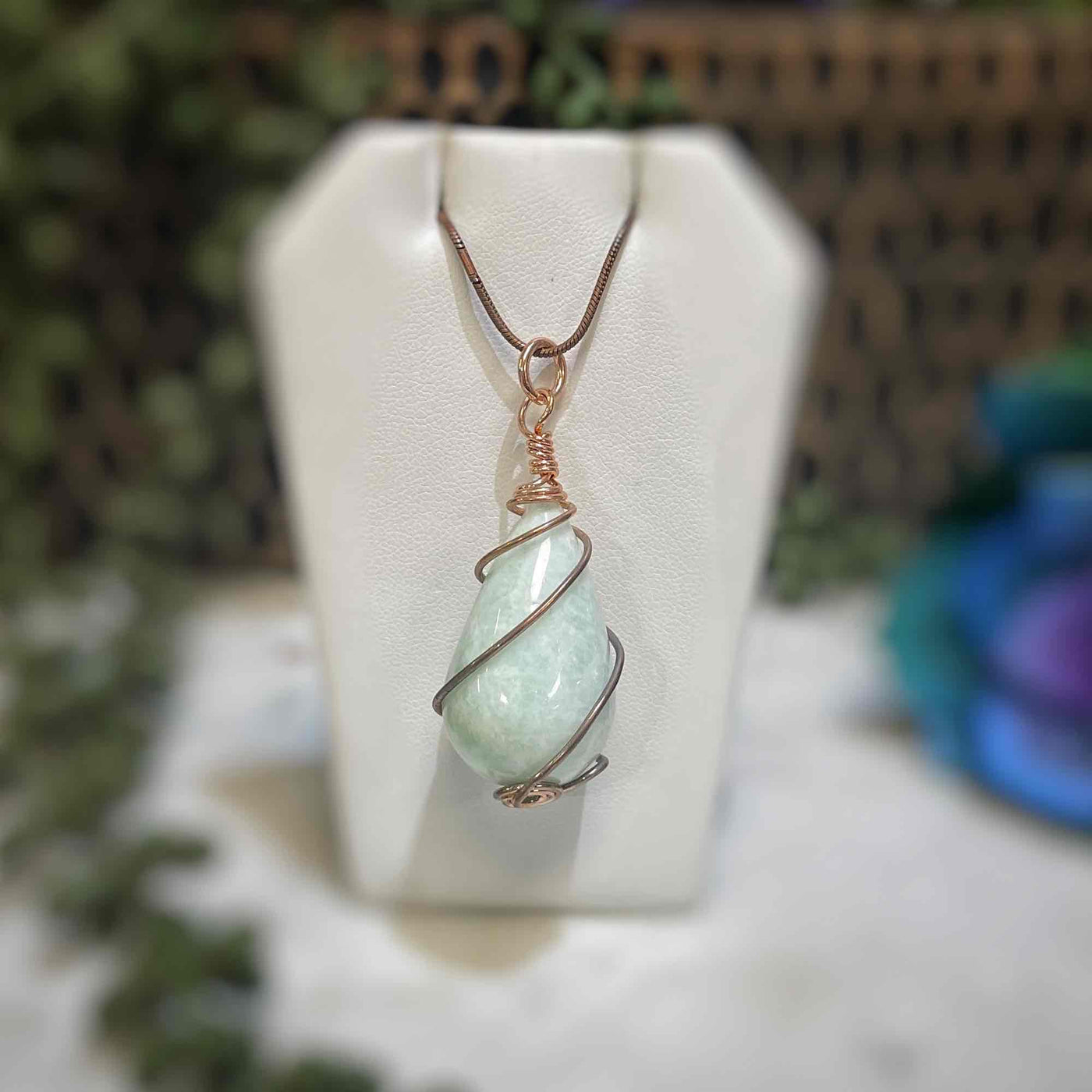 Amazonite - Copper Wire Wrapped Drop Shape - Necklace