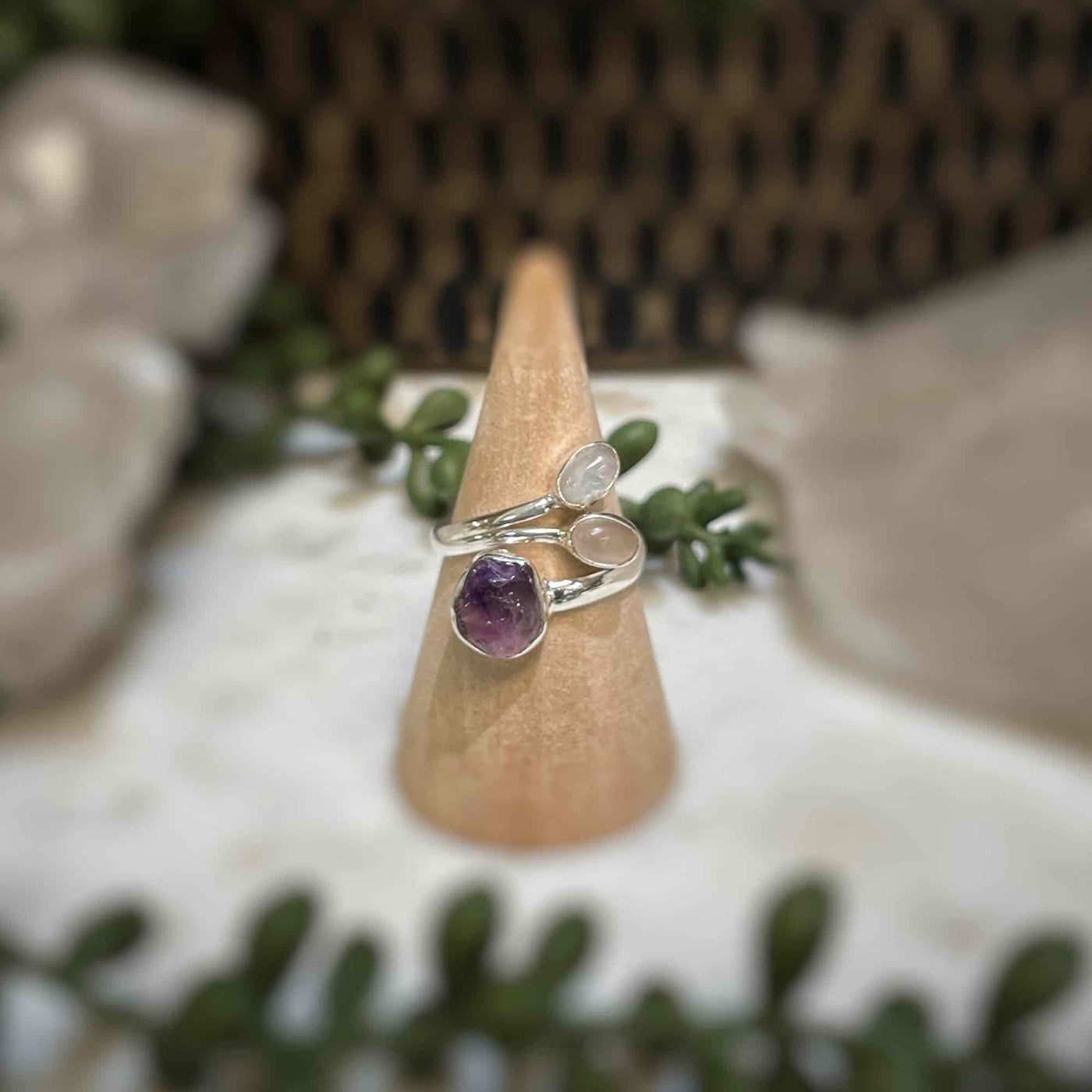 Adjustable 3 stone ring - Amethyst, Rose Quartz, Rainbow Moonstone - Sterling Silver size 9