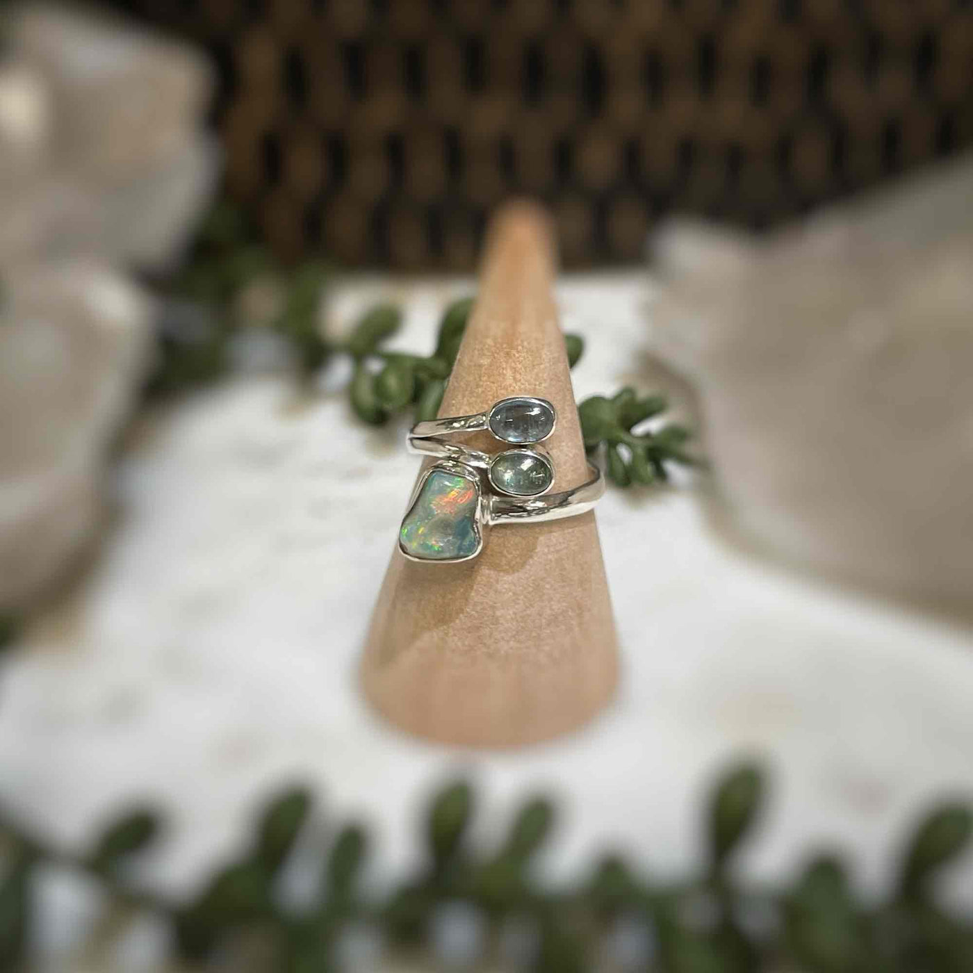 Adjustable 3 stone ring - Ethiopian Opal, Green Kyanite, Aqua Kyanite - Sterling Silver size 9