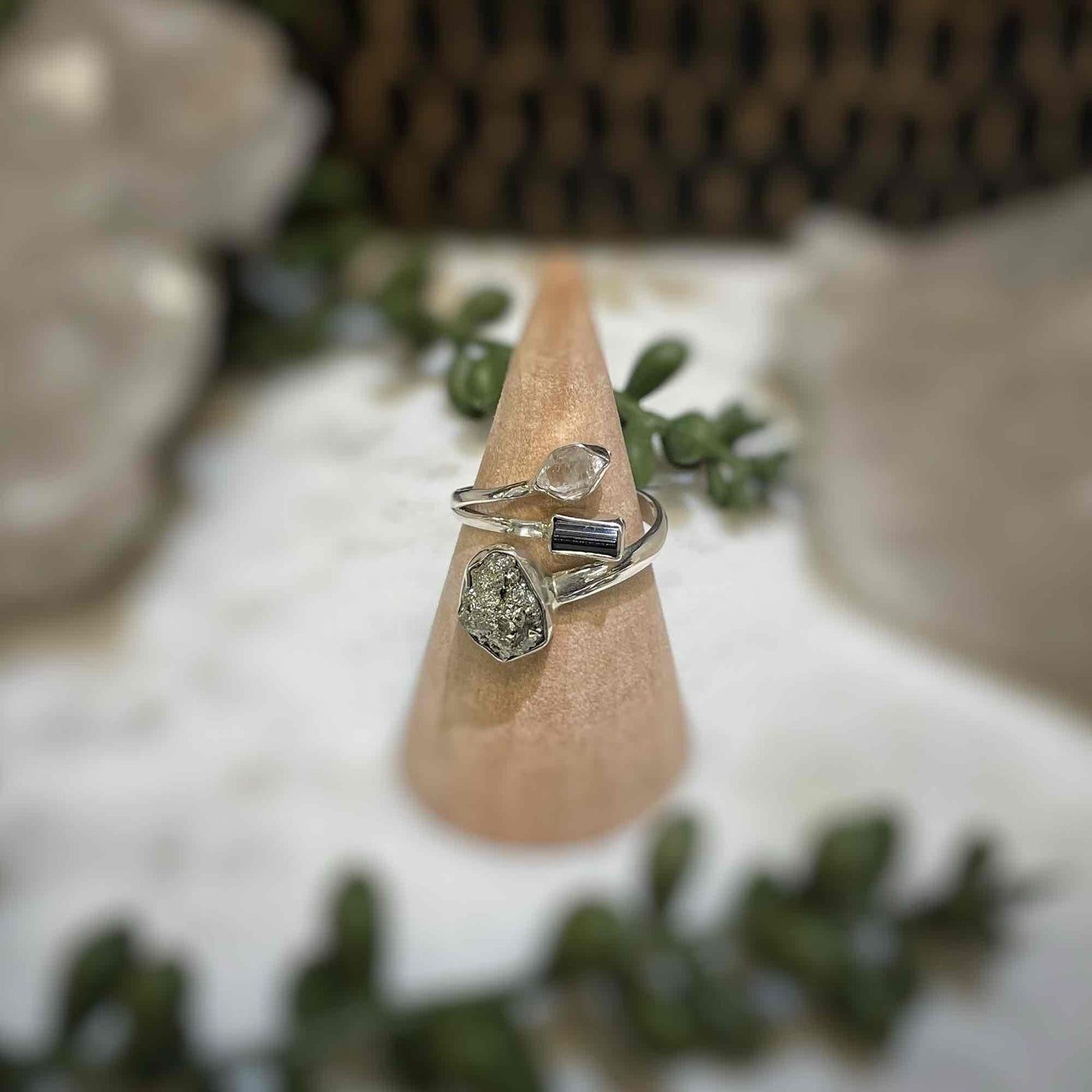 Adjustable 3 stone ring - Pyrite, Black Tourmaline, Pakimer Diamond - Sterling Silver size 8